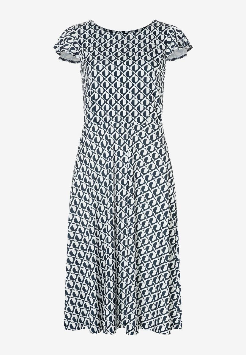 Ein blau-weißes Jersey-Kleid von MORE & MORE mit geometrischem Muster und kurzen Ärmeln. Ein blau-weißes Jersey-Kleid von MORE & MORE mit geometrischem Muster und kurzen Ärmeln.