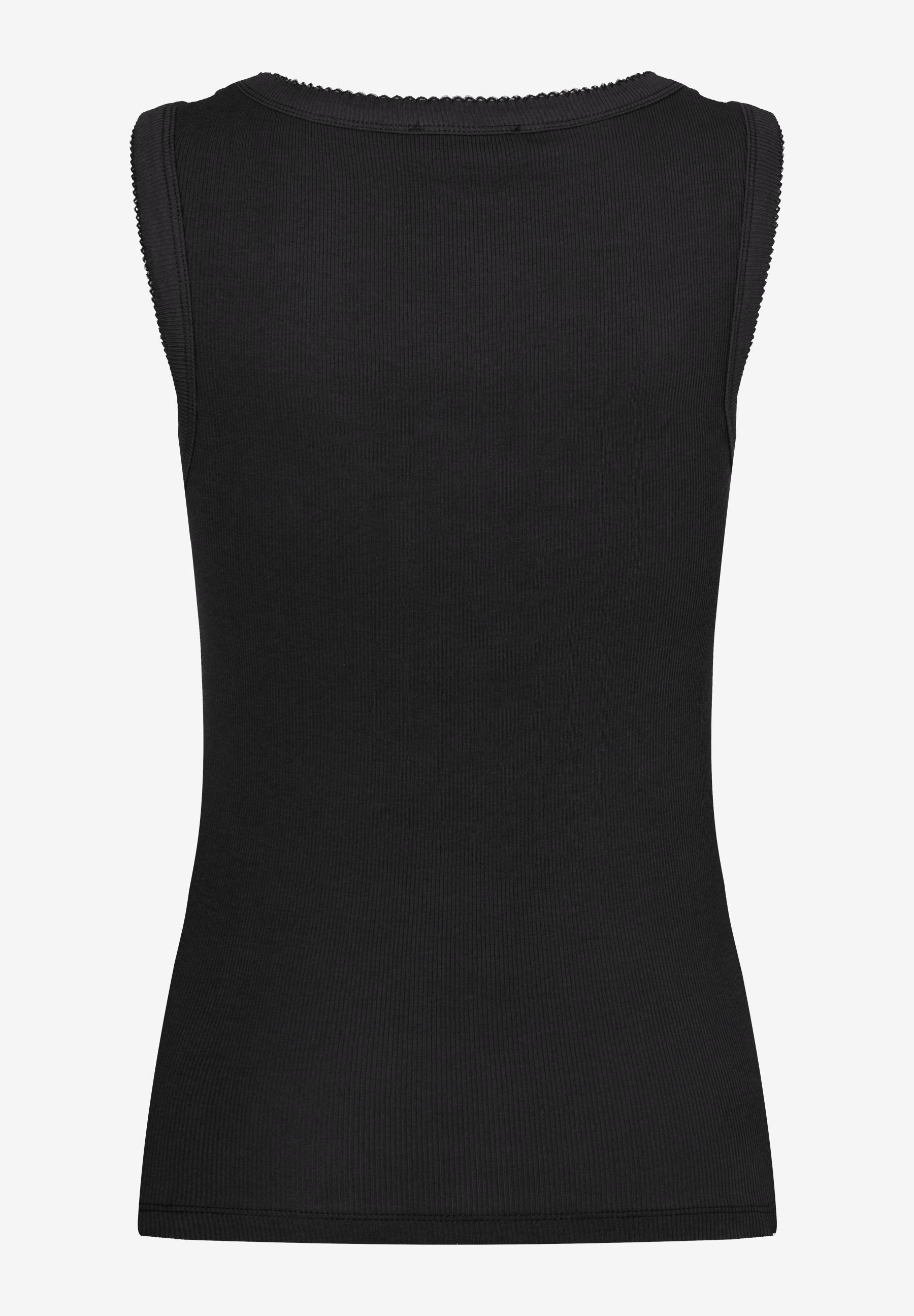 MORE & MORE geripptes, ärmelloses Top in Schwarz mit Rundhalsausschnitt und zarten Spitzenbordüren an Kragen und Ärmeln. MORE & MORE geripptes, ärmelloses Top in Schwarz mit Rundhalsausschnitt und zarten Spitzenbordüren an Kragen und Ärmeln.