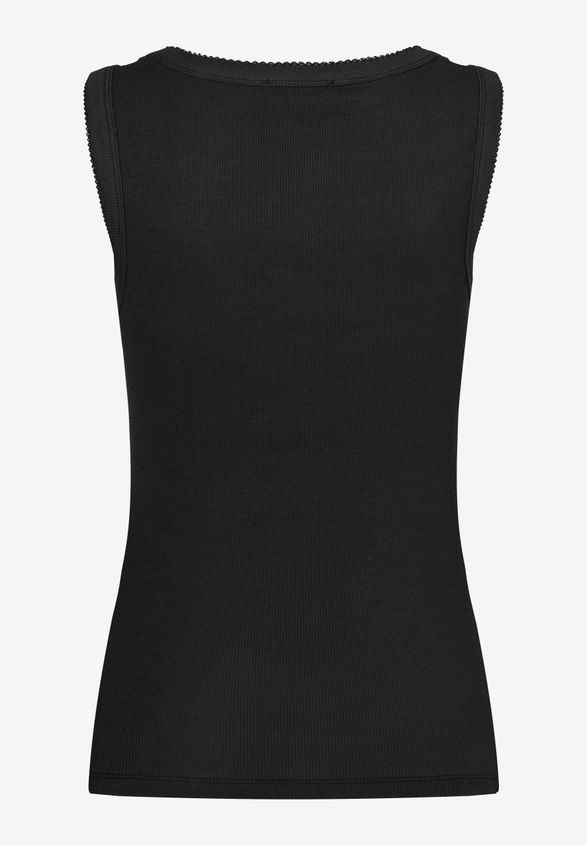 MORE & MORE geripptes, ärmelloses Top in Schwarz mit Rundhalsausschnitt und zarten Spitzenbordüren an Kragen und Ärmeln. MORE & MORE geripptes, ärmelloses Top in Schwarz mit Rundhalsausschnitt und zarten Spitzenbordüren an Kragen und Ärmeln.