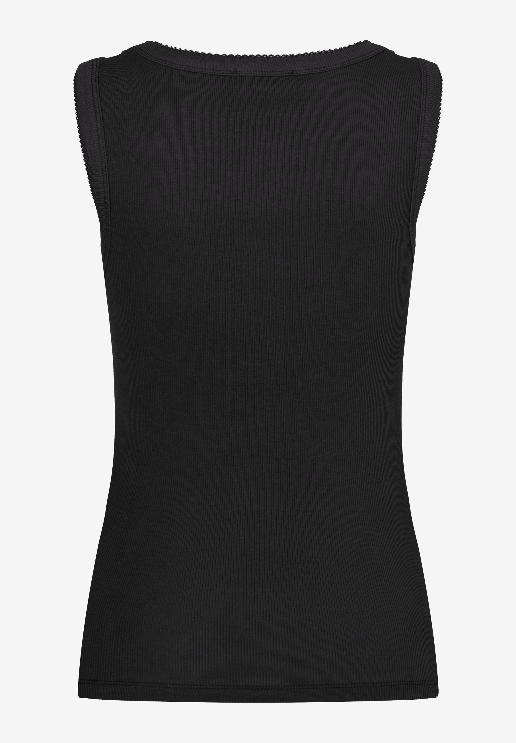 MORE & MORE geripptes, ärmelloses Top in Schwarz mit Rundhalsausschnitt und zarten Spitzenbordüren an Kragen und Ärmeln. MORE & MORE geripptes, ärmelloses Top in Schwarz mit Rundhalsausschnitt und zarten Spitzenbordüren an Kragen und Ärmeln.