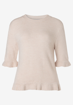 MORE & MORE Pullover in Beige. Dieser Pullover besitzt einen Rundhalsausschnitt, 3/4-Ärmel und Saumabschlüsse mit Rüschen.