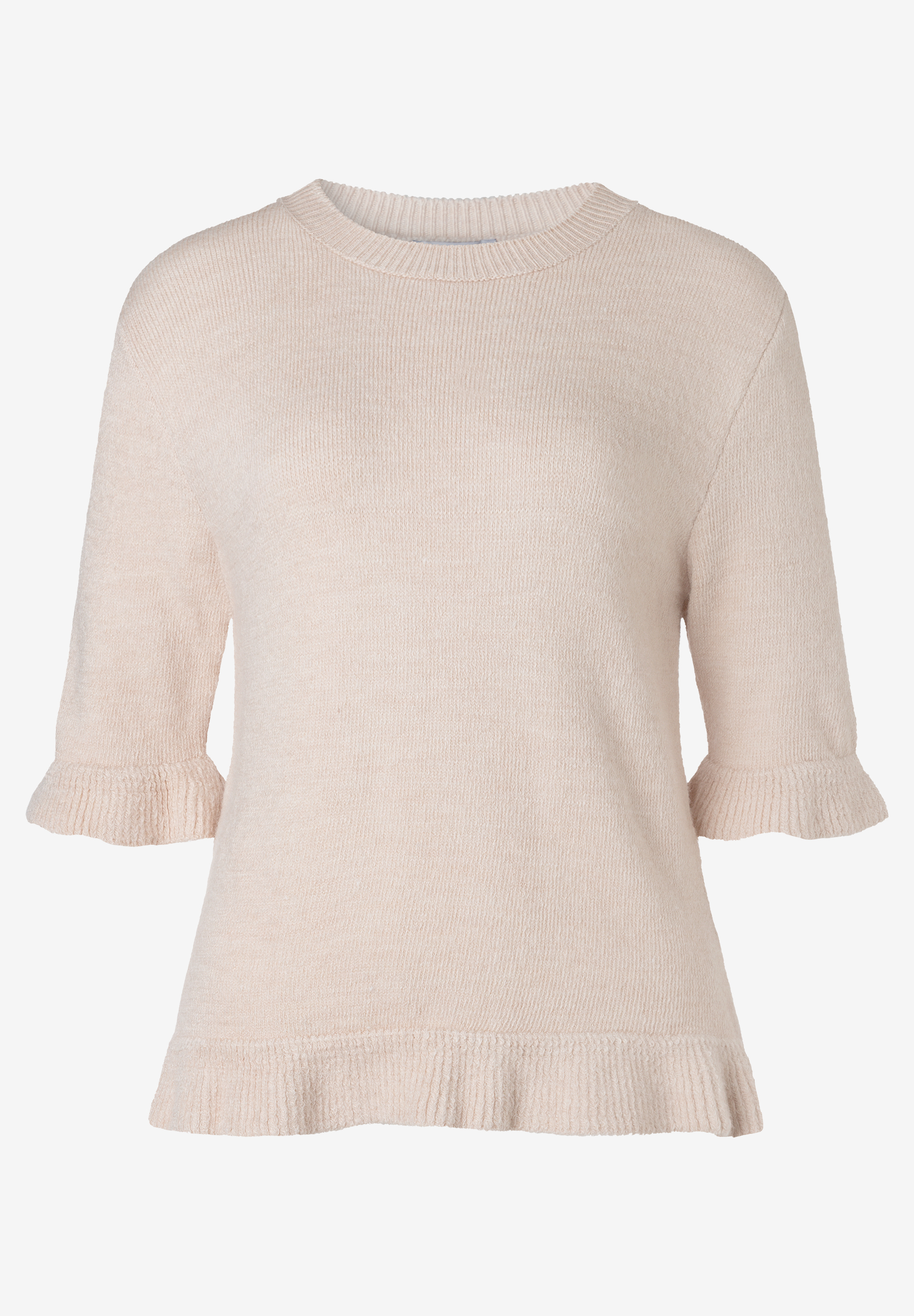 MORE & MORE Pullover in Beige. Dieser Pullover besitzt einen Rundhalsausschnitt, 3/4-Ärmel und Saumabschlüsse mit Rüschen.