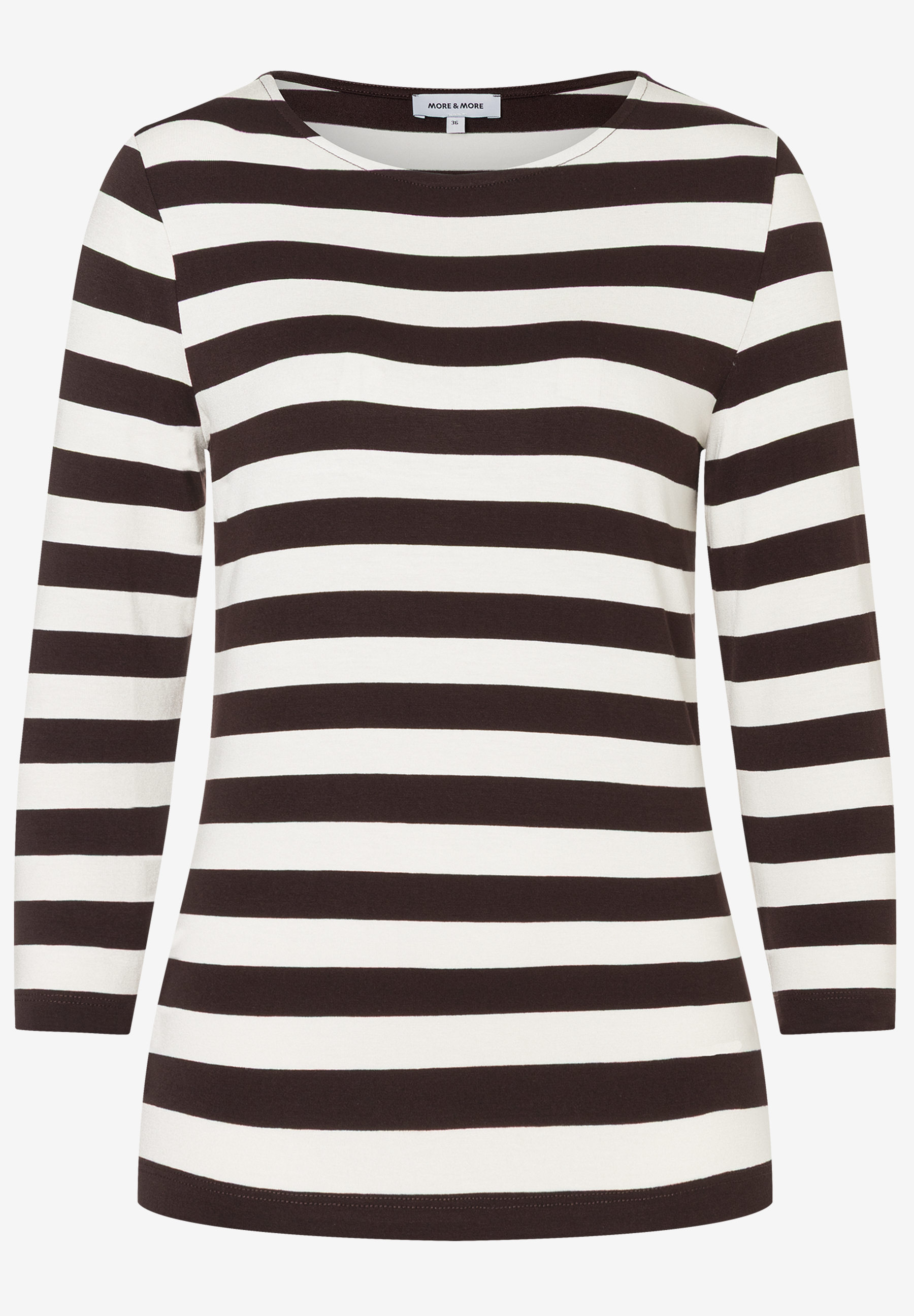 Ein MORE & MORE Langarmshirt mit breiten, horizontalen braunen und weißen Streifen. Ein MORE & MORE Langarmshirt mit breiten, horizontalen braunen und weißen Streifen.