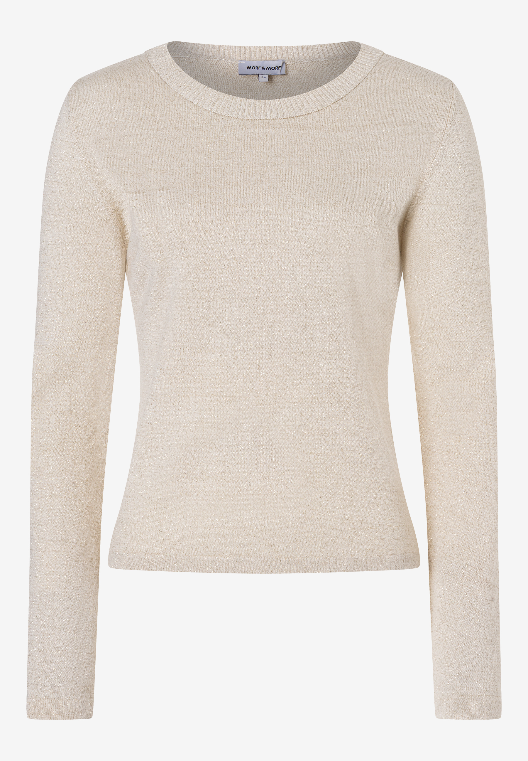 Ein cremefarbener MORE & MORE Pullover mit langen Ärmeln und Rundhalsausschnitt.