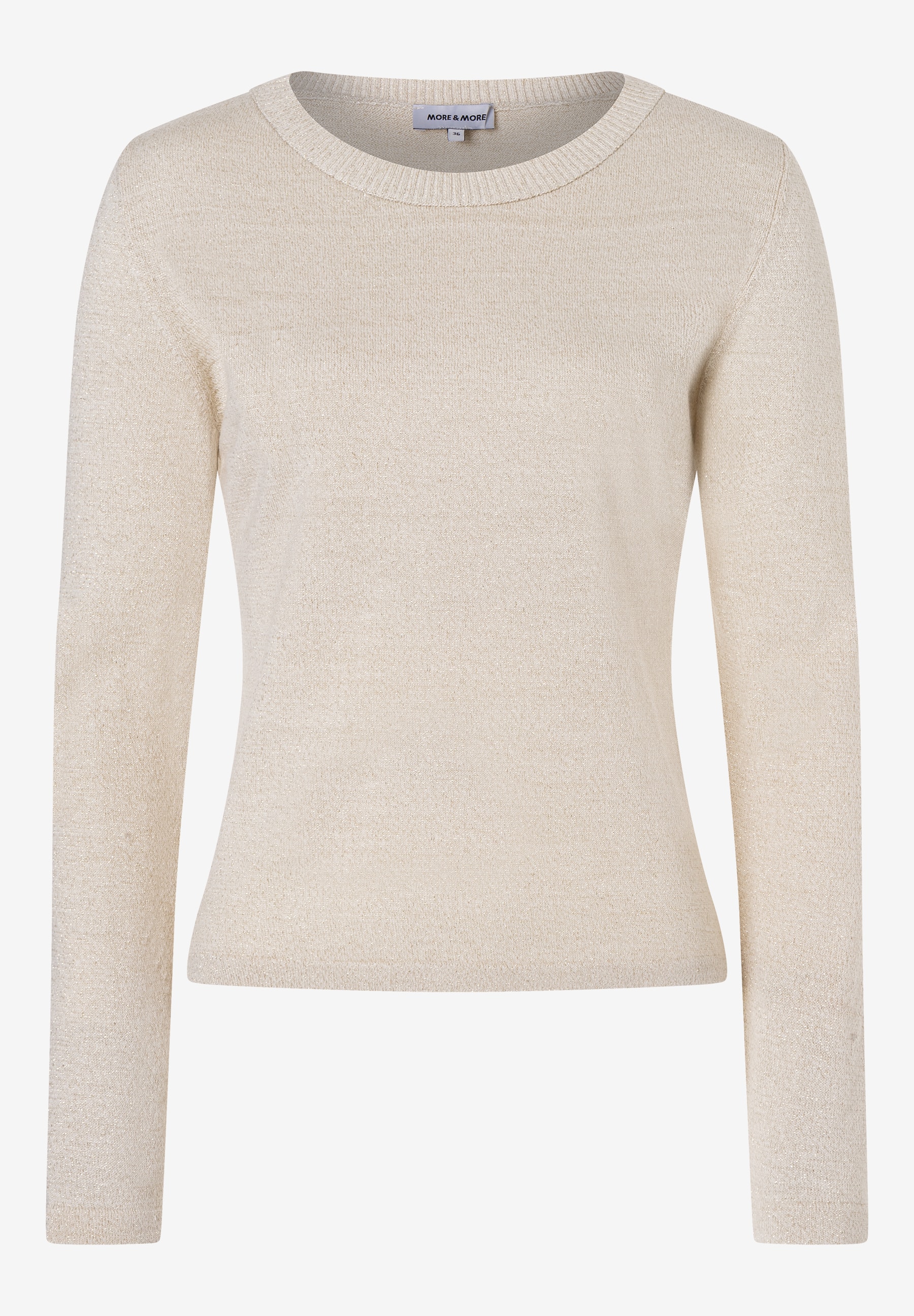 Ein cremefarbener MORE & MORE Pullover mit langen Ärmeln und Rundhalsausschnitt.