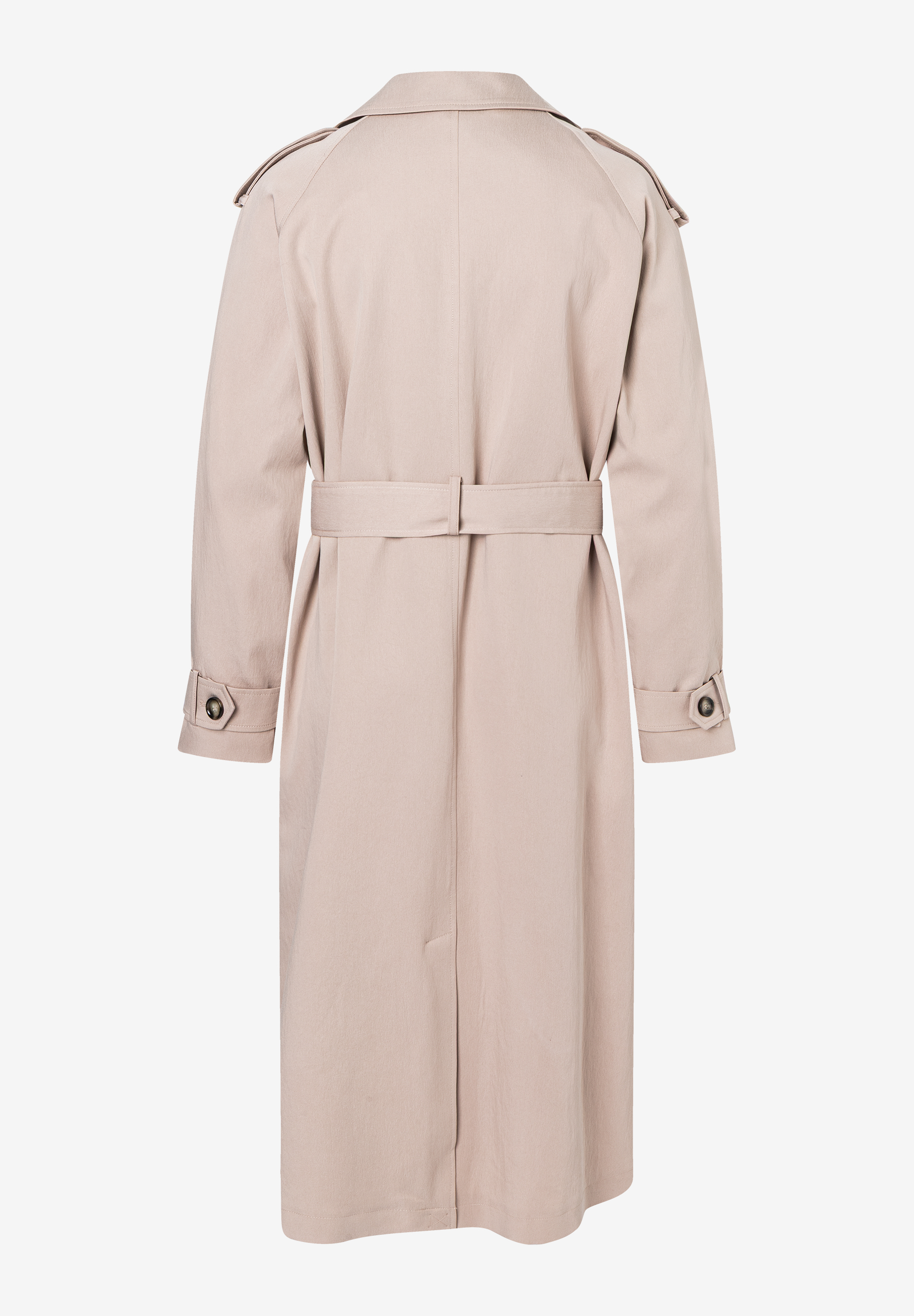 Ein MORE & MORE Oberteil (Jacke/Mantel) in Beige mit Gürtel und Knöpfen. Rückansicht auf hellem Grund.