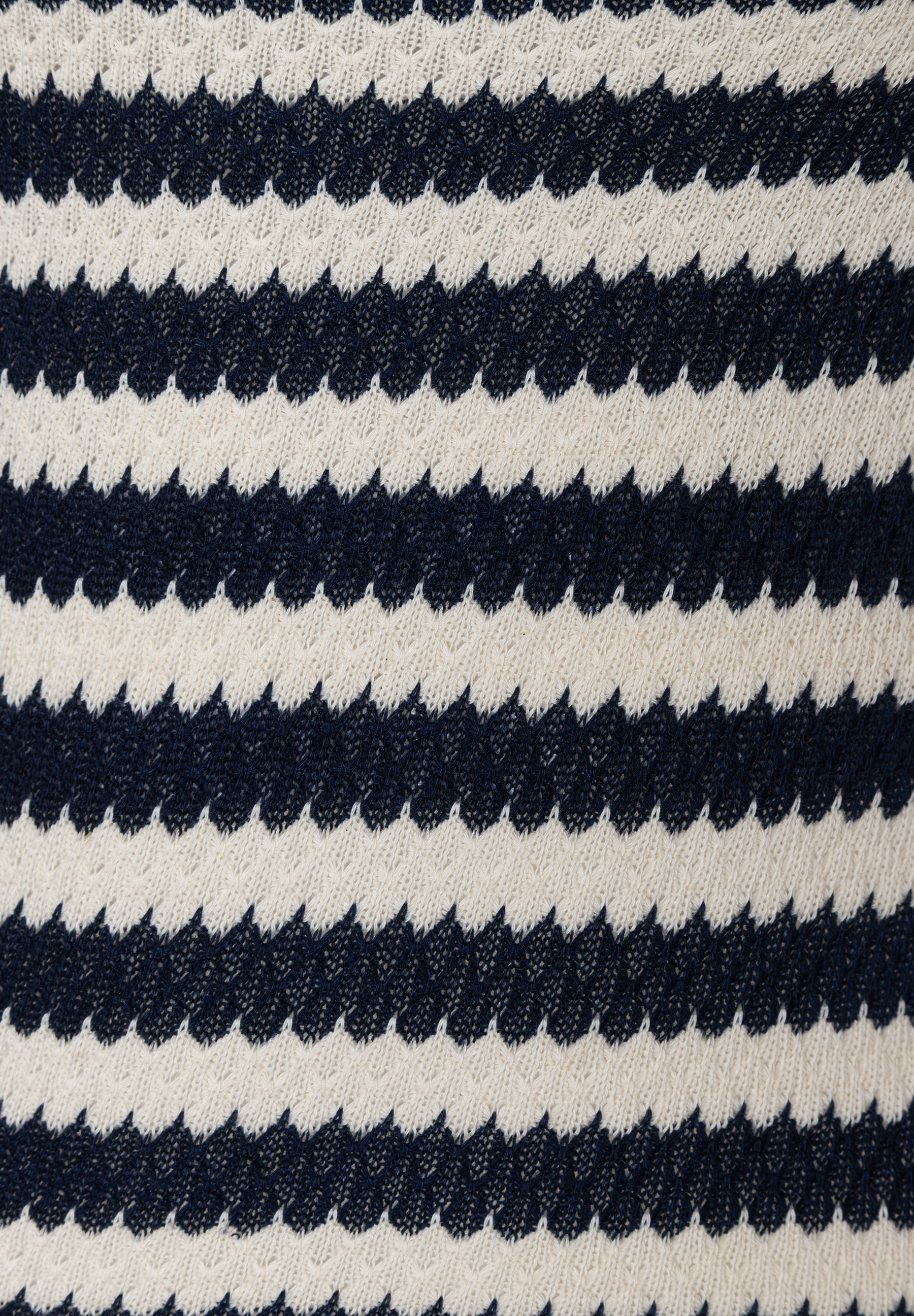 Nahaufnahme eines MORE & MORE Oberteils mit marineblauen und weißen Zickzack-Streifen. Nahaufnahme eines MORE & MORE Oberteils mit marineblauen und weißen Zickzack-Streifen.