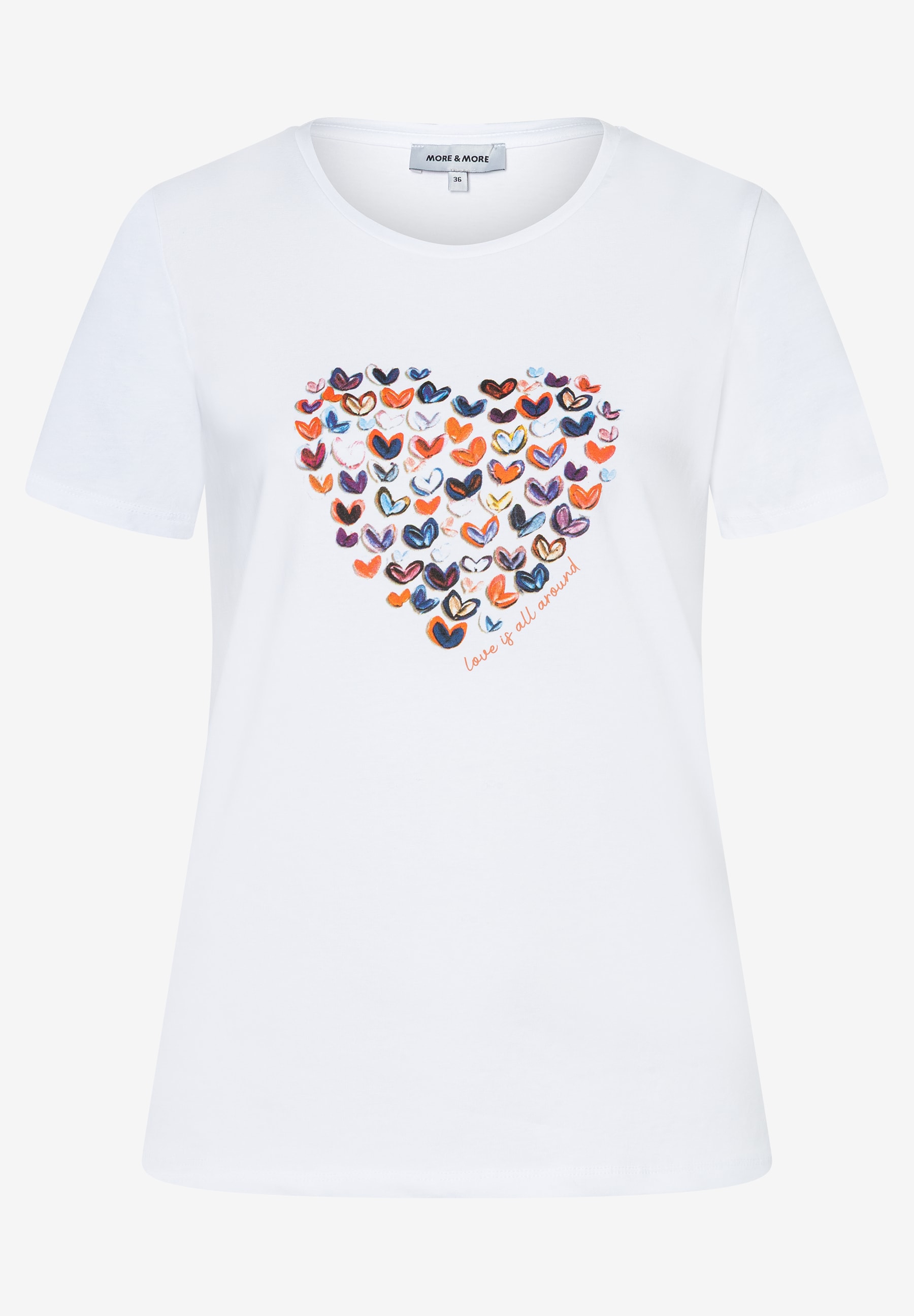 Ein weißes MORE & MORE T-Shirt mit Herz-Motiv aus bunten kleinen Herzen. "Love is all around" Schriftzug. Ein weißes MORE & MORE T-Shirt mit Herz-Motiv aus bunten kleinen Herzen. "Love is all around" Schriftzug.