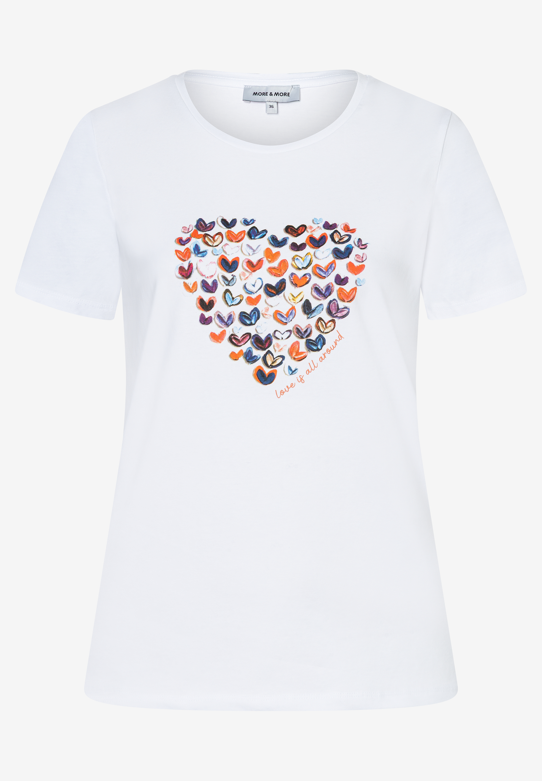 Ein weißes MORE & MORE T-Shirt mit Herz-Motiv aus bunten kleinen Herzen. "Love is all around" Schriftzug. Ein weißes MORE & MORE T-Shirt mit Herz-Motiv aus bunten kleinen Herzen. "Love is all around" Schriftzug.