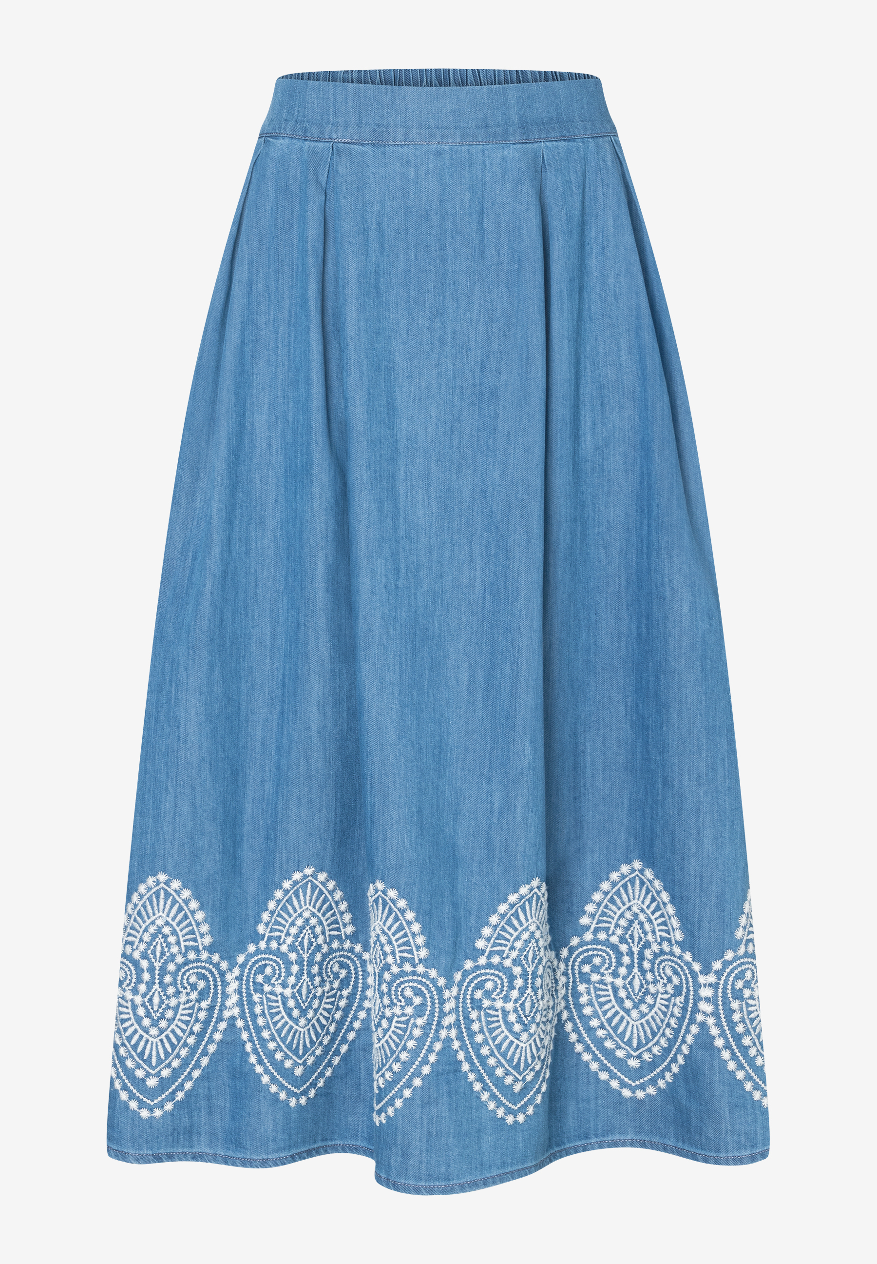 Ein MORE & MORE Rock aus Denim mit weißer Bordüre am Saum. Ein MORE & MORE Rock aus Denim mit weißer Bordüre am Saum.