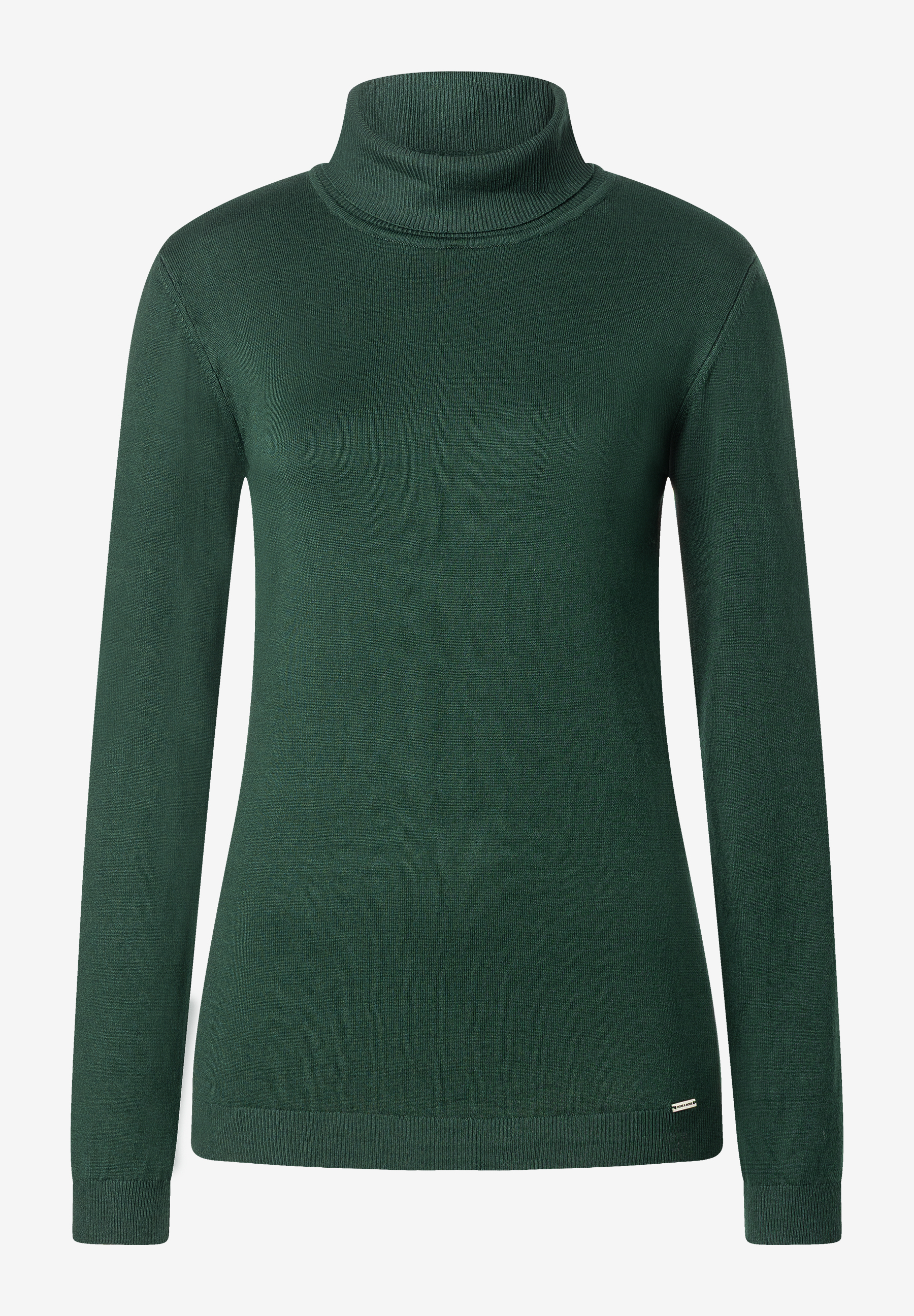 MORE & MORE Rollkragenpullover für Damen, dunkelgrün, mit langen Ärmeln und geripptem Kragen, Bündchen und Saum.