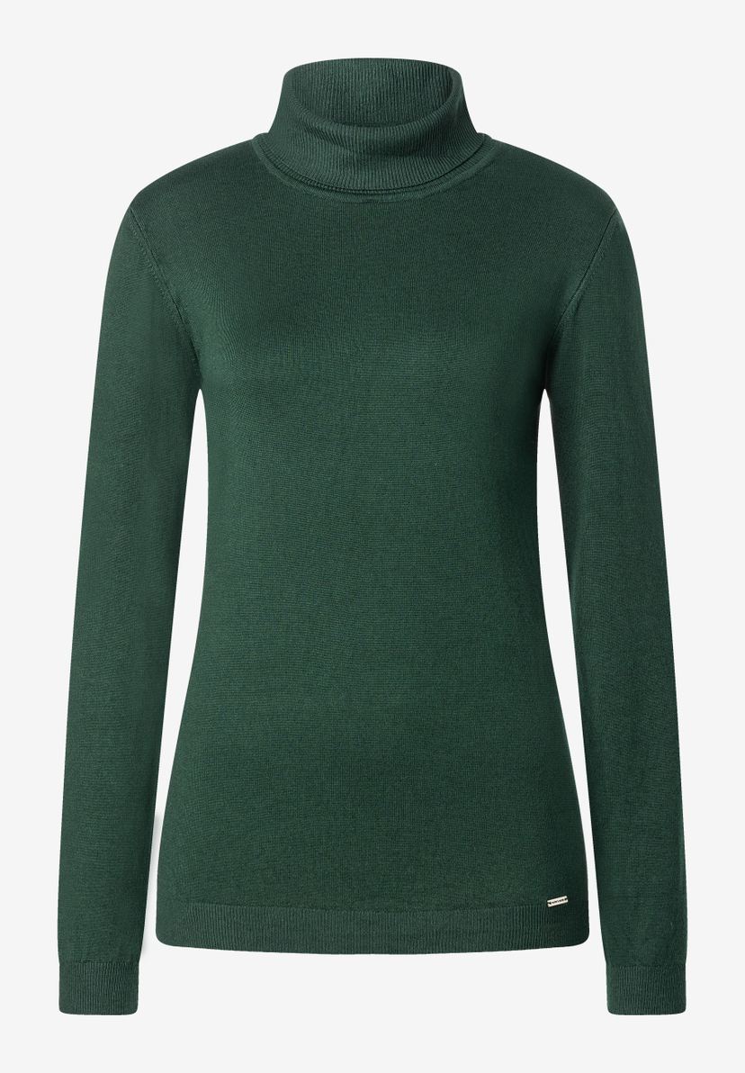 MORE & MORE Rollkragenpullover für Damen, dunkelgrün, mit langen Ärmeln und geripptem Kragen, Bündchen und Saum.