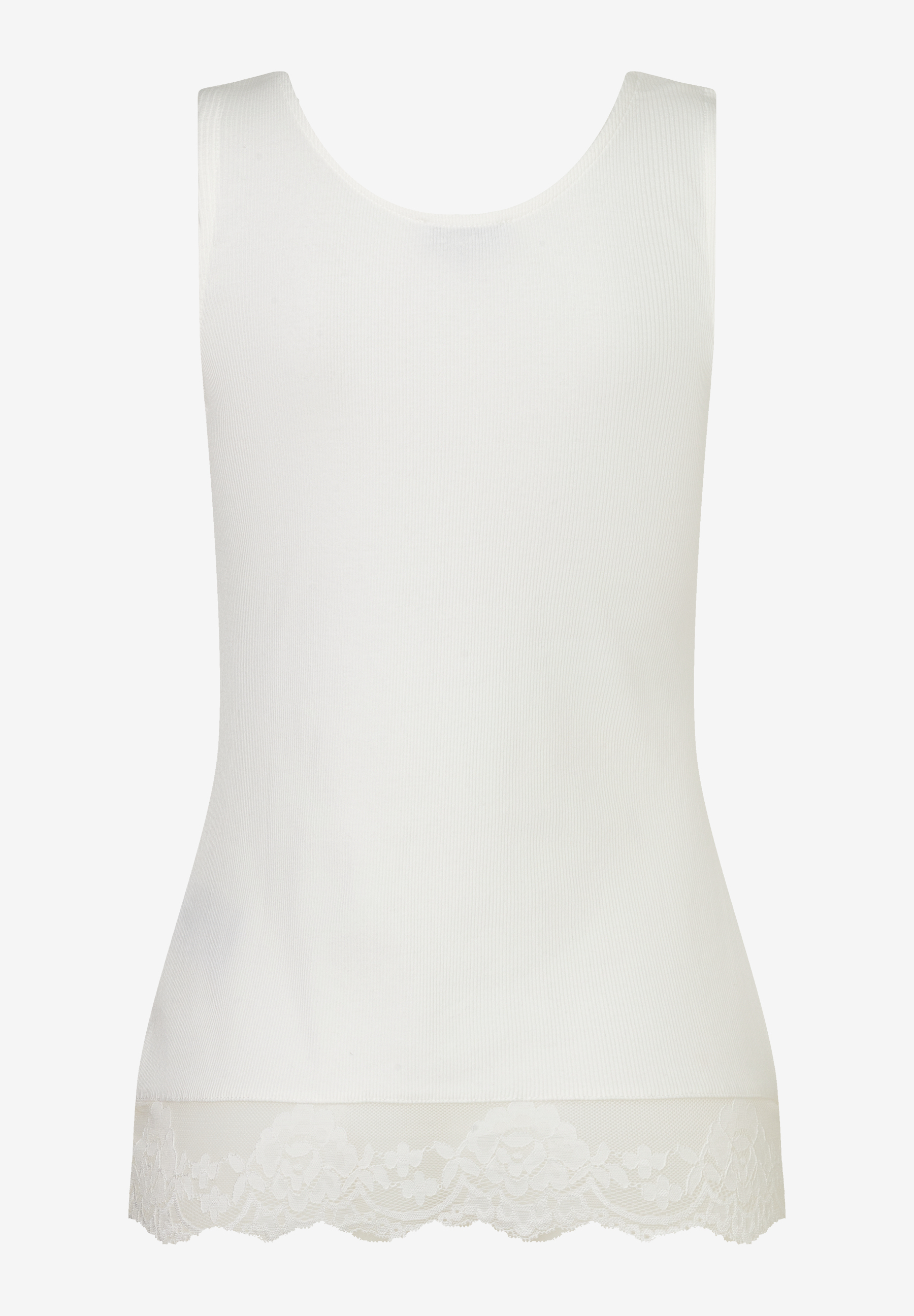MORE & MORE weißes Tanktop mit feinem Rippstrick und zarter Spitzenborte am Saum, lässiger Rundhalsausschnitt. MORE & MORE weißes Tanktop mit feinem Rippstrick und zarter Spitzenborte am Saum, lässiger Rundhalsausschnitt.