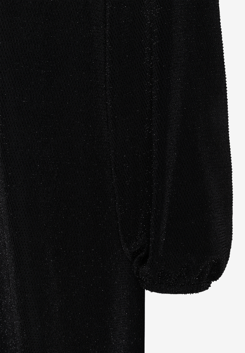MORE & MORE schwarzes Glitzer-Kleid mit Puffärmeln, Detailansicht des Stoffes und Ärmelabschlusses. MORE & MORE schwarzes Glitzer-Kleid mit Puffärmeln, Detailansicht des Stoffes und Ärmelabschlusses.