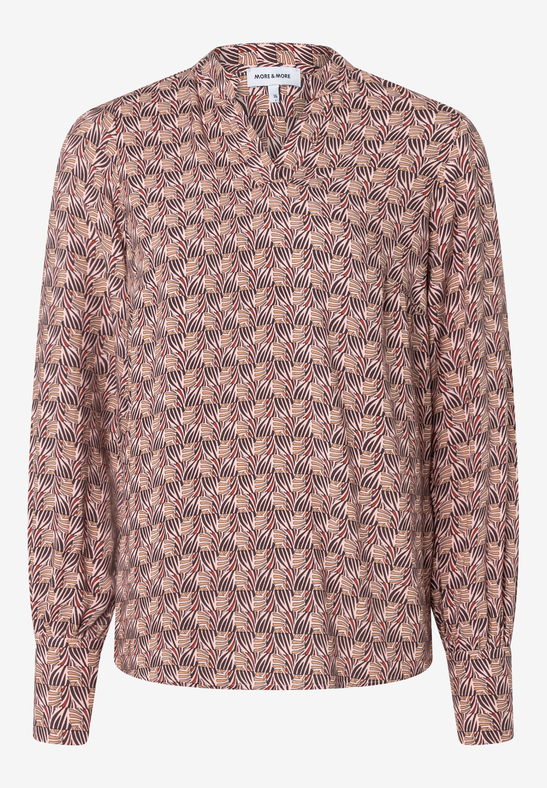 MORE & MORE Bluse: gemusterte Langarmbluse mit V-Ausschnitt, in Braun, Beige & Rosa. Tropisches Muster.
