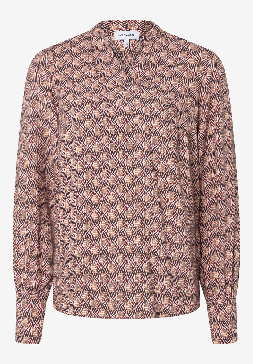 MORE & MORE Bluse: gemusterte Langarmbluse mit V-Ausschnitt, in Braun, Beige & Rosa. Tropisches Muster.