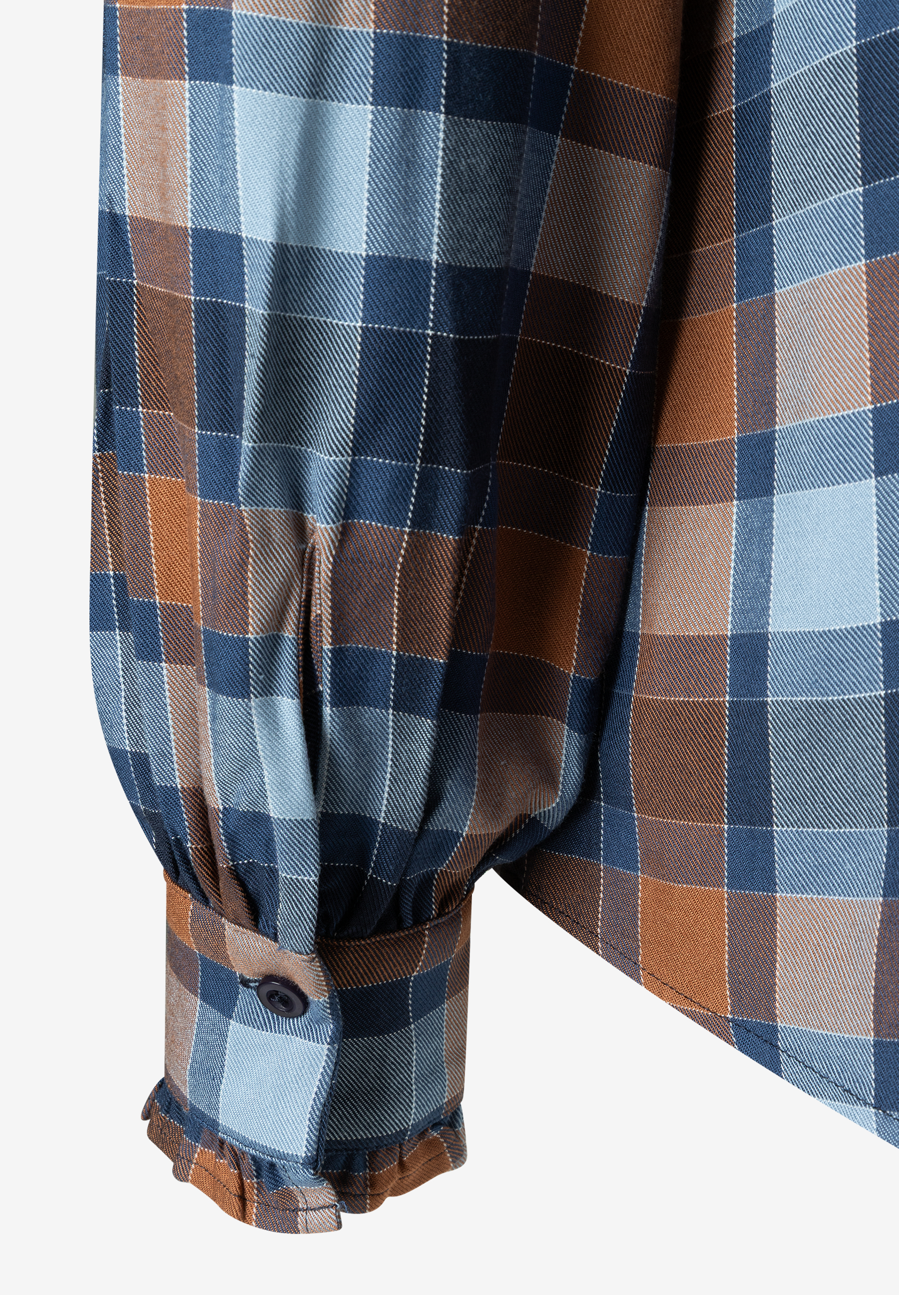 MORE & MORE Bluse aus Webware-Viskose in Braun, Blau & Hellblau mit Karomuster und Rüschenmanschette. MORE & MORE Bluse aus Webware-Viskose in Braun, Blau & Hellblau mit Karomuster und Rüschenmanschette.
