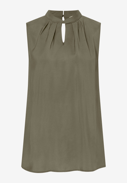 MORE & MORE Bluse in Olivgrün mit elegantem Stehkragen und Schlüssellochausschnitt, ohne Ärmel.