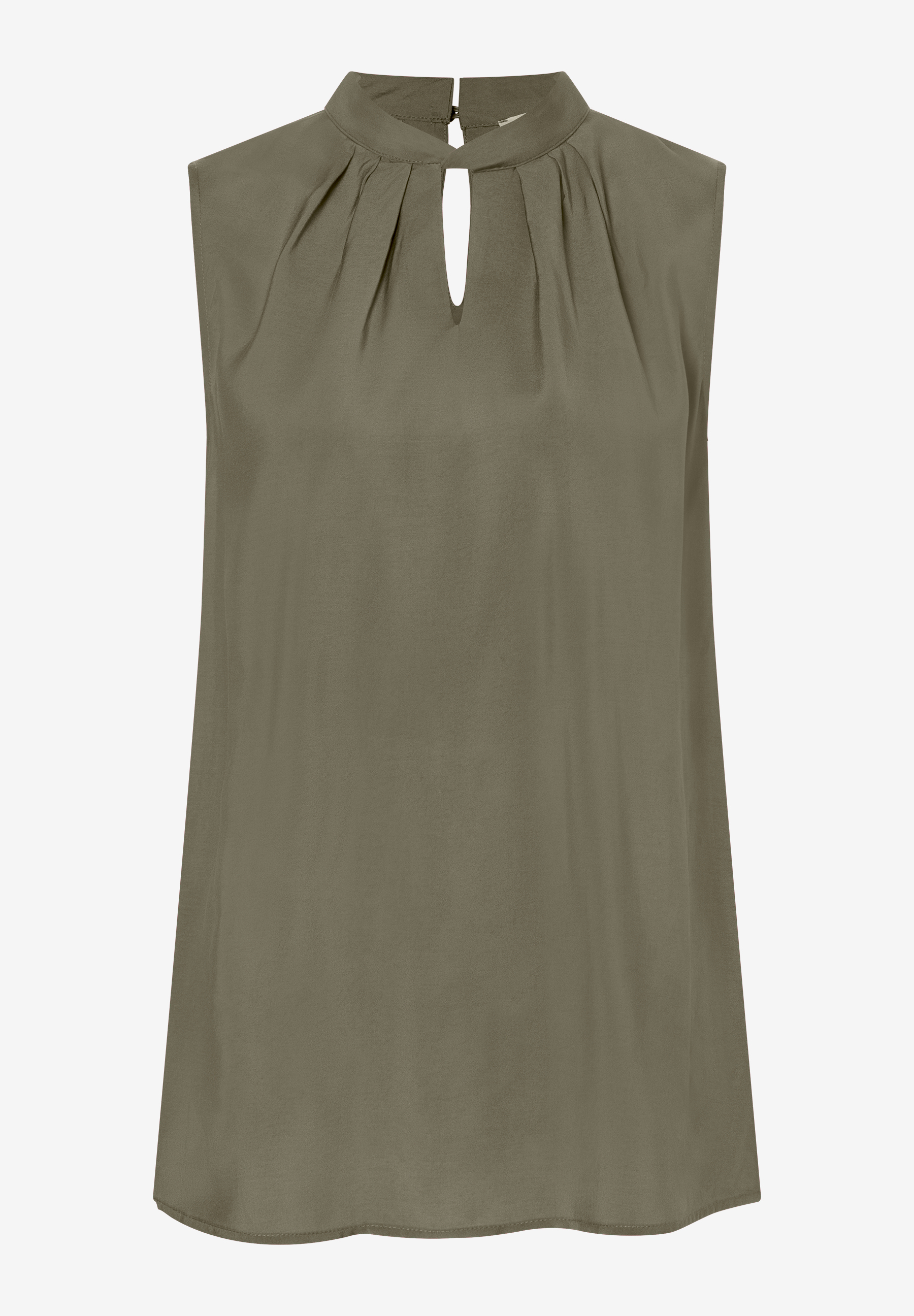 MORE & MORE Bluse in Olivgrün mit elegantem Stehkragen und Schlüssellochausschnitt, ohne Ärmel. MORE & MORE Bluse in Olivgrün mit elegantem Stehkragen und Schlüssellochausschnitt, ohne Ärmel.