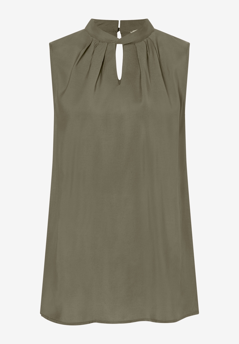 MORE & MORE Bluse in Olivgrün mit elegantem Stehkragen und Schlüssellochausschnitt, ohne Ärmel. MORE & MORE Bluse in Olivgrün mit elegantem Stehkragen und Schlüssellochausschnitt, ohne Ärmel.