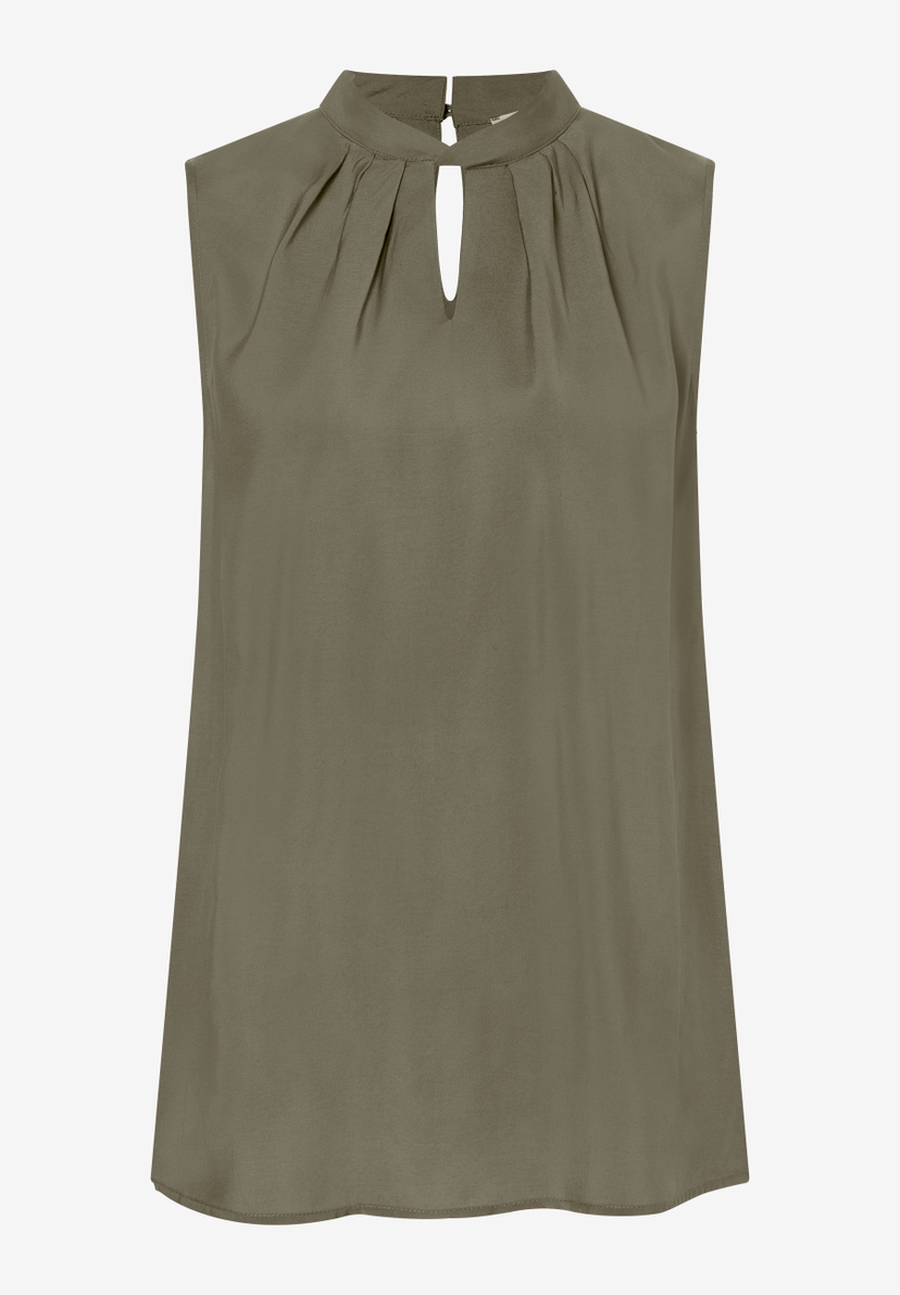 MORE & MORE Bluse in Olivgrün mit elegantem Stehkragen und Schlüssellochausschnitt, ohne Ärmel. MORE & MORE Bluse in Olivgrün mit elegantem Stehkragen und Schlüssellochausschnitt, ohne Ärmel.
