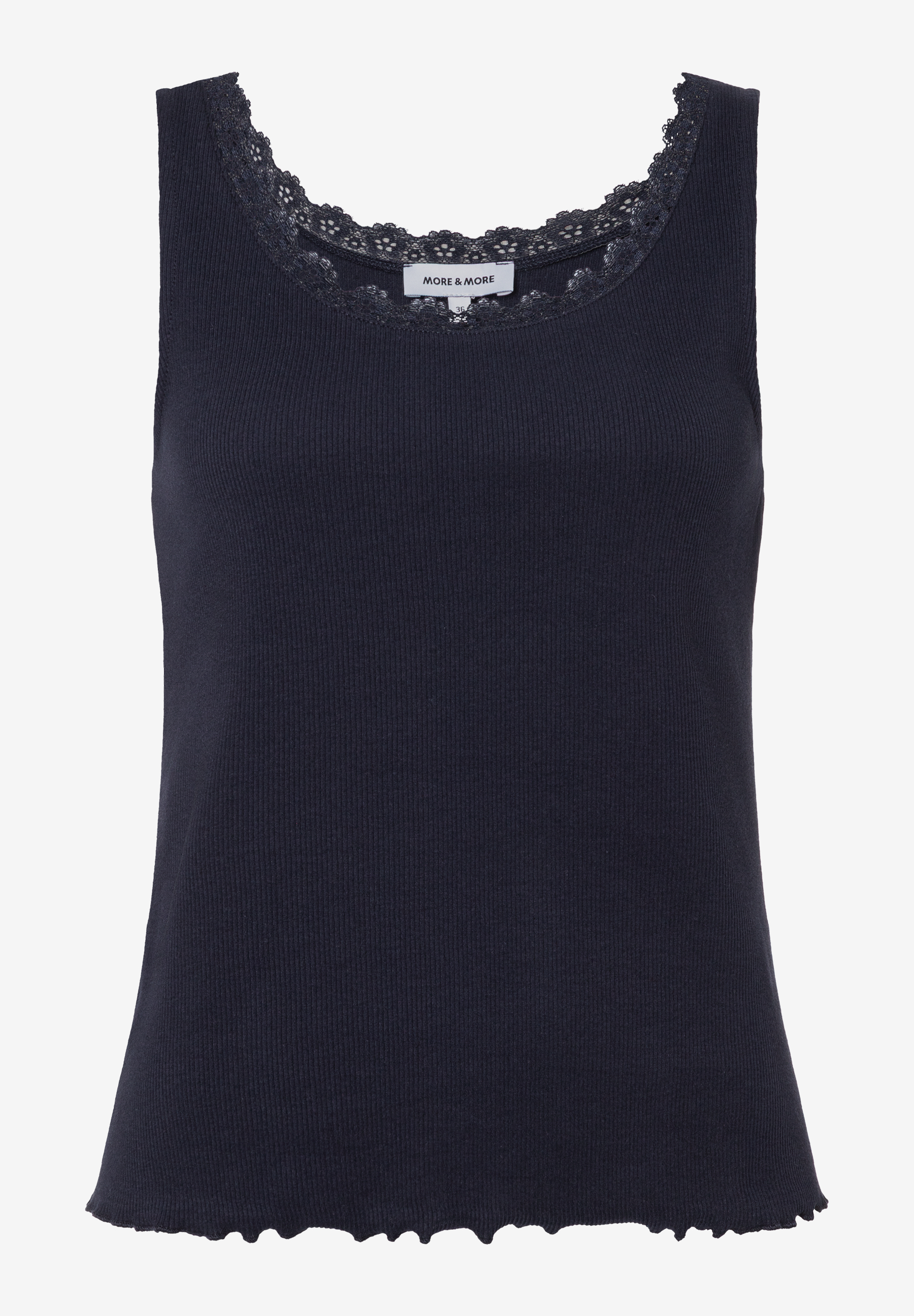 Ein ärmelloses, geripptes Top von MORE & MORE in dunklem Farbton mit zarter Spitze am Halsausschnitt. Ein ärmelloses, geripptes Top von MORE & MORE in dunklem Farbton mit zarter Spitze am Halsausschnitt.