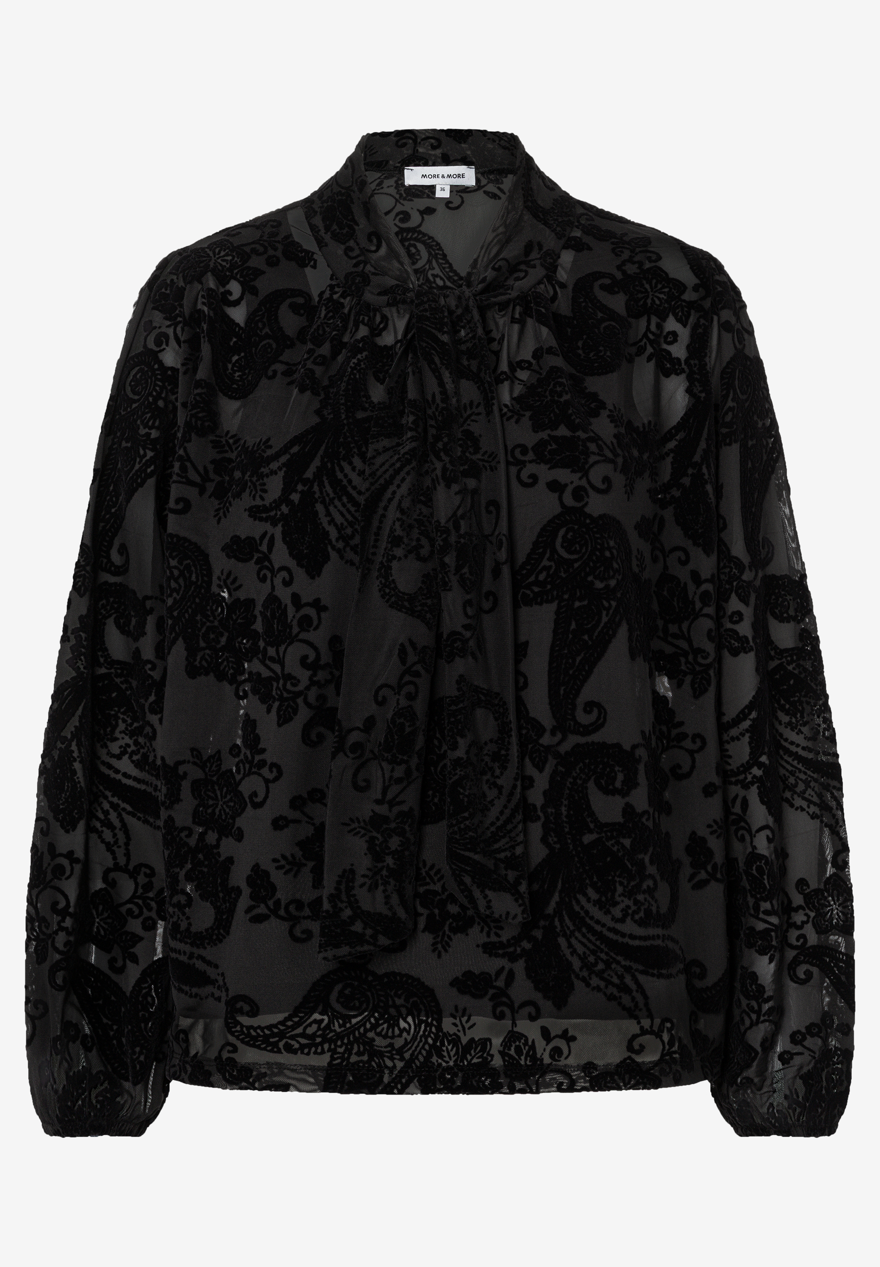 MORE & MORE T-Shirt/Top. Schwarzes Oberteil aus Mesh mit Samt-Paisley-Muster und Kragen mit Schleife.