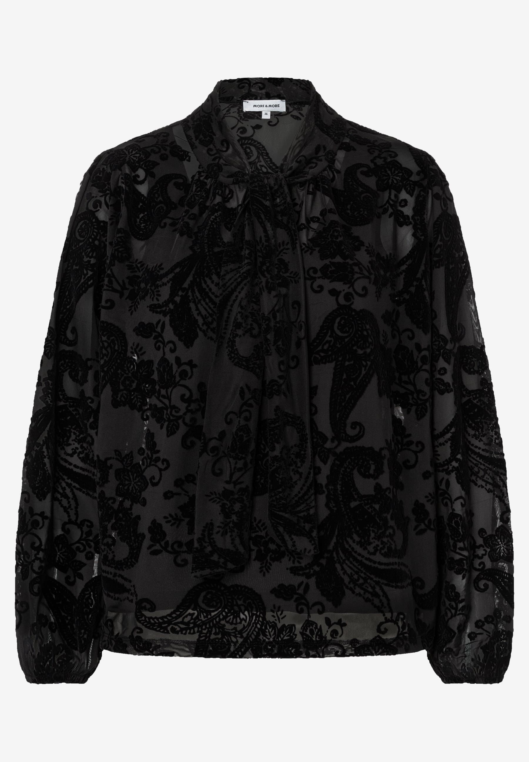 MORE & MORE T-Shirt/Top. Schwarzes Oberteil aus Mesh mit Samt-Paisley-Muster und Kragen mit Schleife.