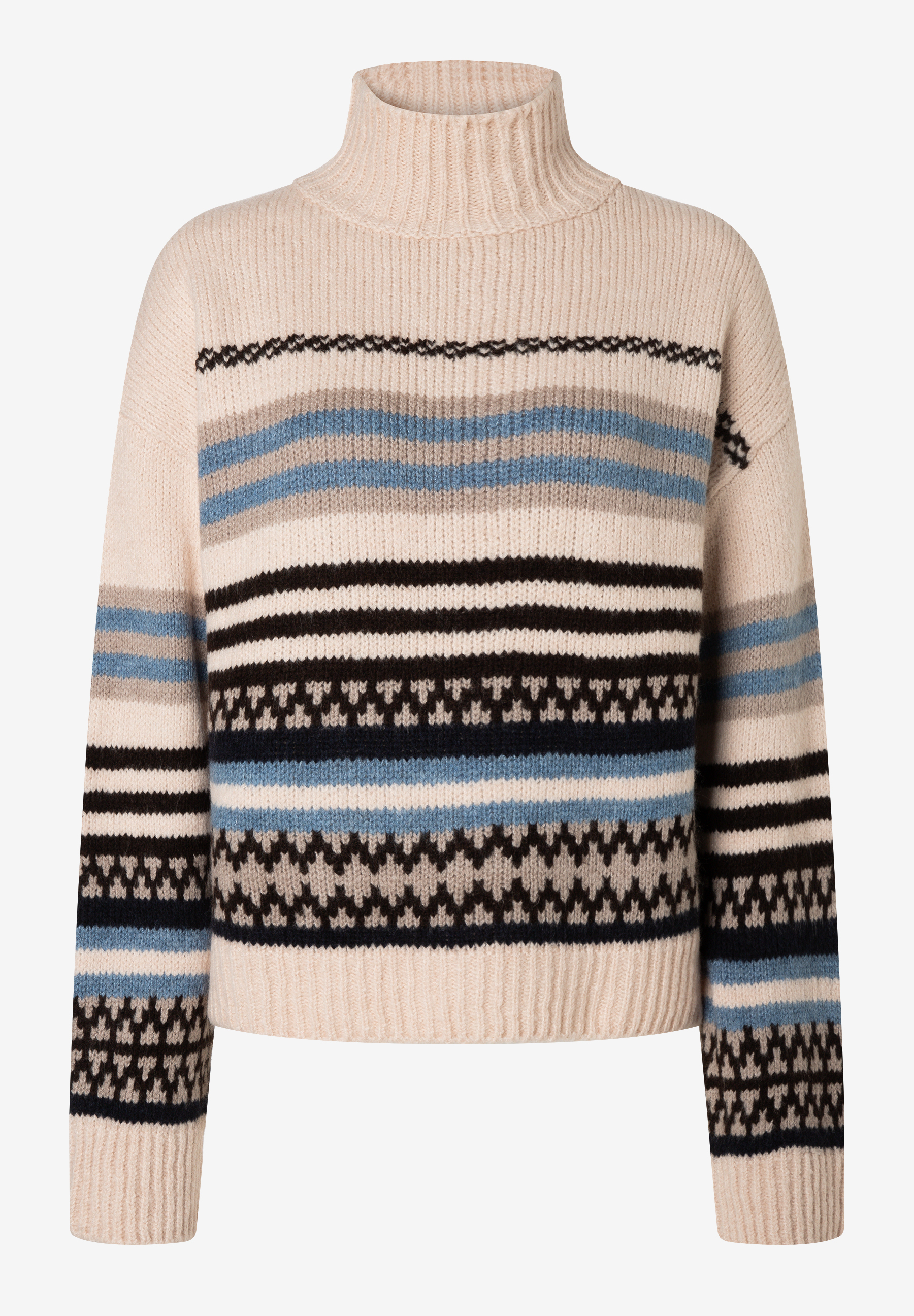 MORE & MORE Rollkragenpullover in Creme mit Streifen & Mustern in Schwarz, Blau & Grau.