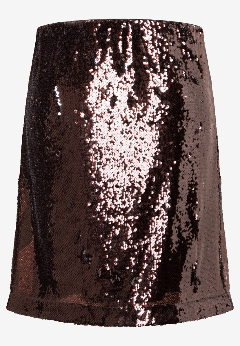 Ein brauner, paillettenbesetzter MORE & MORE Rock vor einem weißen Hintergrund. Ein brauner, paillettenbesetzter MORE & MORE Rock vor einem weißen Hintergrund.