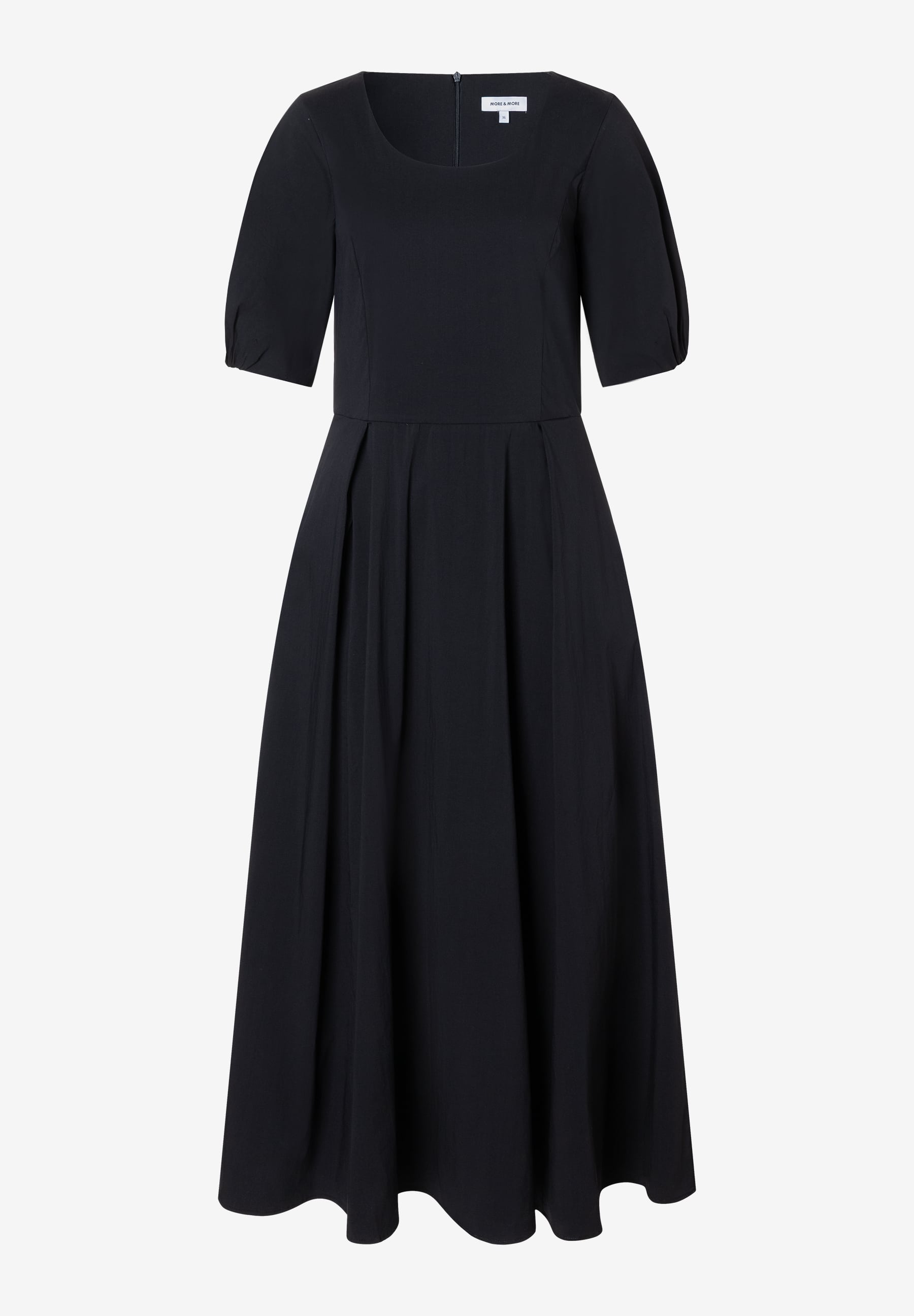 Ein schwarzes MORE & MORE Kleid mit kurzen Ärmeln und einem Rock in A-Linie. Ein schwarzes MORE & MORE Kleid mit kurzen Ärmeln und einem Rock in A-Linie.