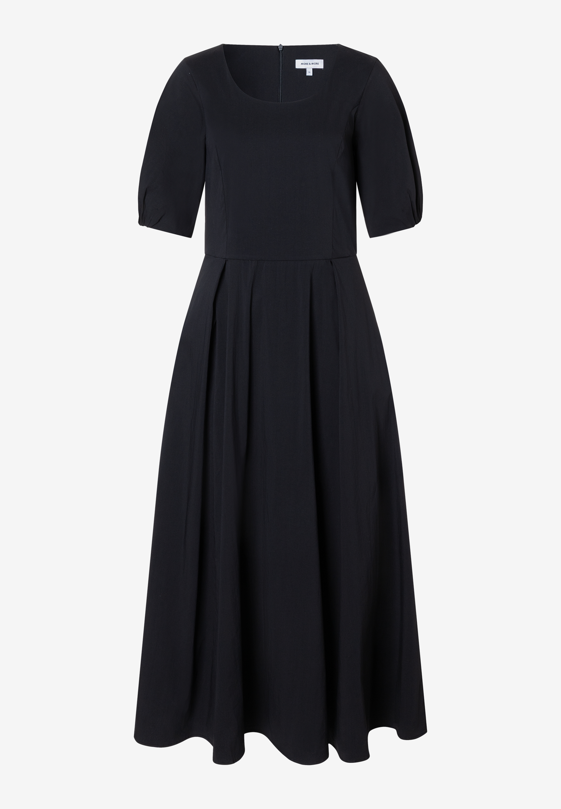 Ein schwarzes MORE & MORE Kleid mit kurzen Ärmeln und einem Rock in A-Linie. Ein schwarzes MORE & MORE Kleid mit kurzen Ärmeln und einem Rock in A-Linie.