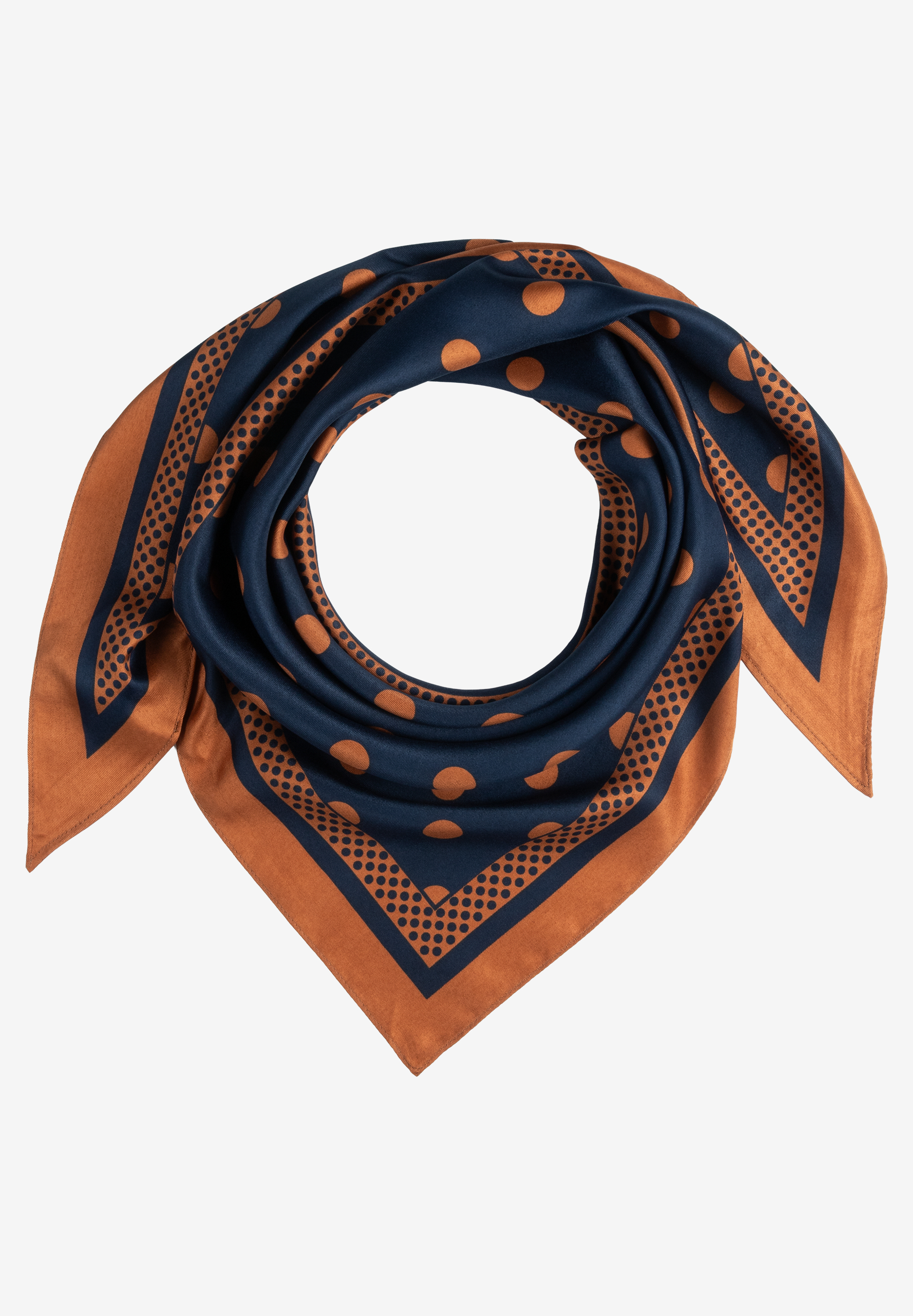 MORE & MORE Accessoire: Ein quadratisches Halstuch in Dunkelblau mit orangen Punkten und Bordüre in Braun. Fältchen. MORE & MORE Accessoire: Ein quadratisches Halstuch in Dunkelblau mit orangen Punkten und Bordüre in Braun. Fältchen.