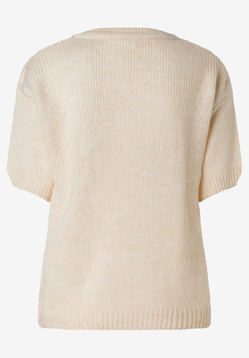 MORE & MORE Damen Pullover aus hellbeigem Strick mit kurzen Ärmeln, Rückansicht.