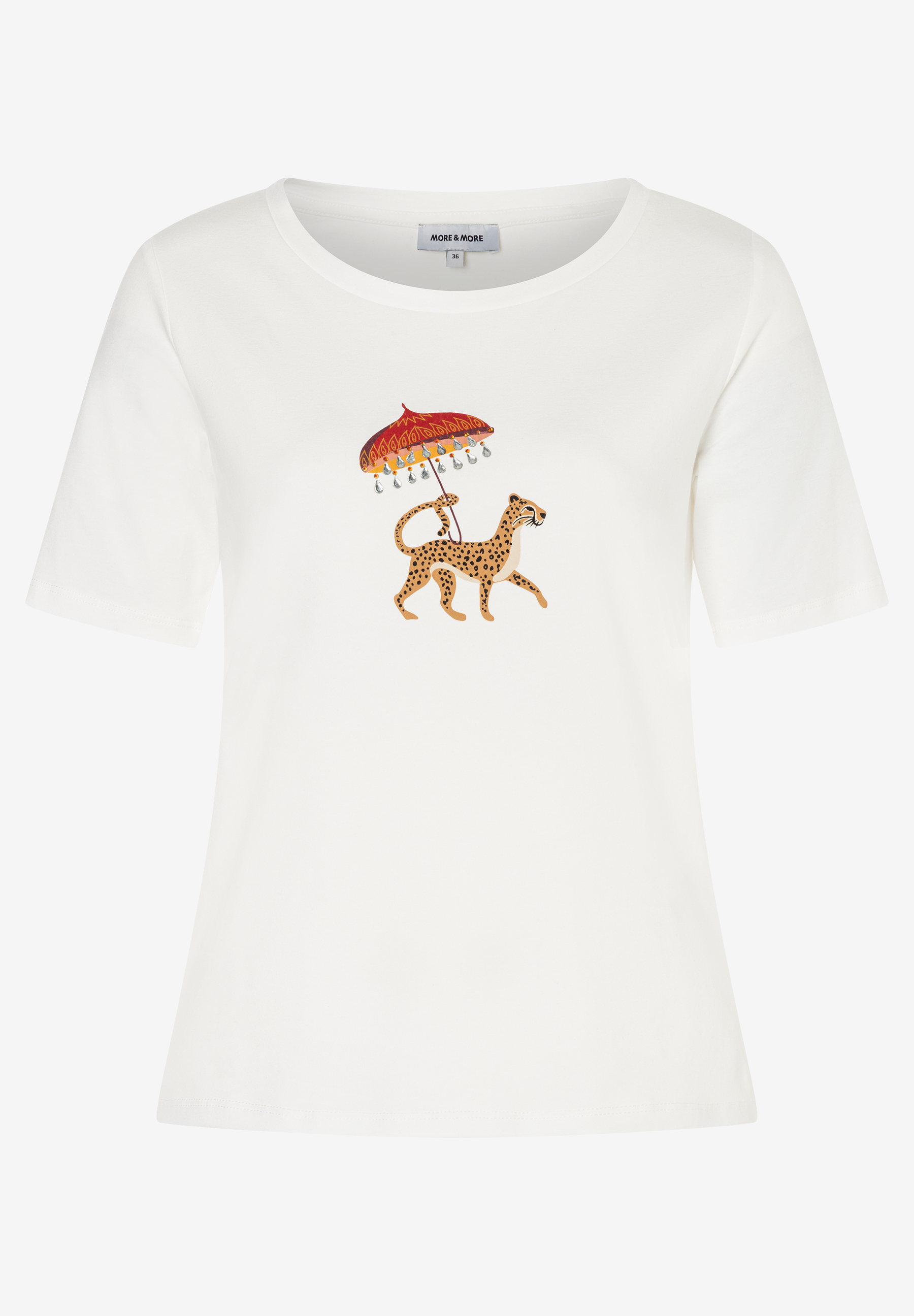 MORE & MORE Damen-T-Shirt aus Jersey, weichem Griff. Weiß mit Geparden-Print und buntem Schirm mit Troddeln. MORE & MORE Damen-T-Shirt aus Jersey, weichem Griff. Weiß mit Geparden-Print und buntem Schirm mit Troddeln.