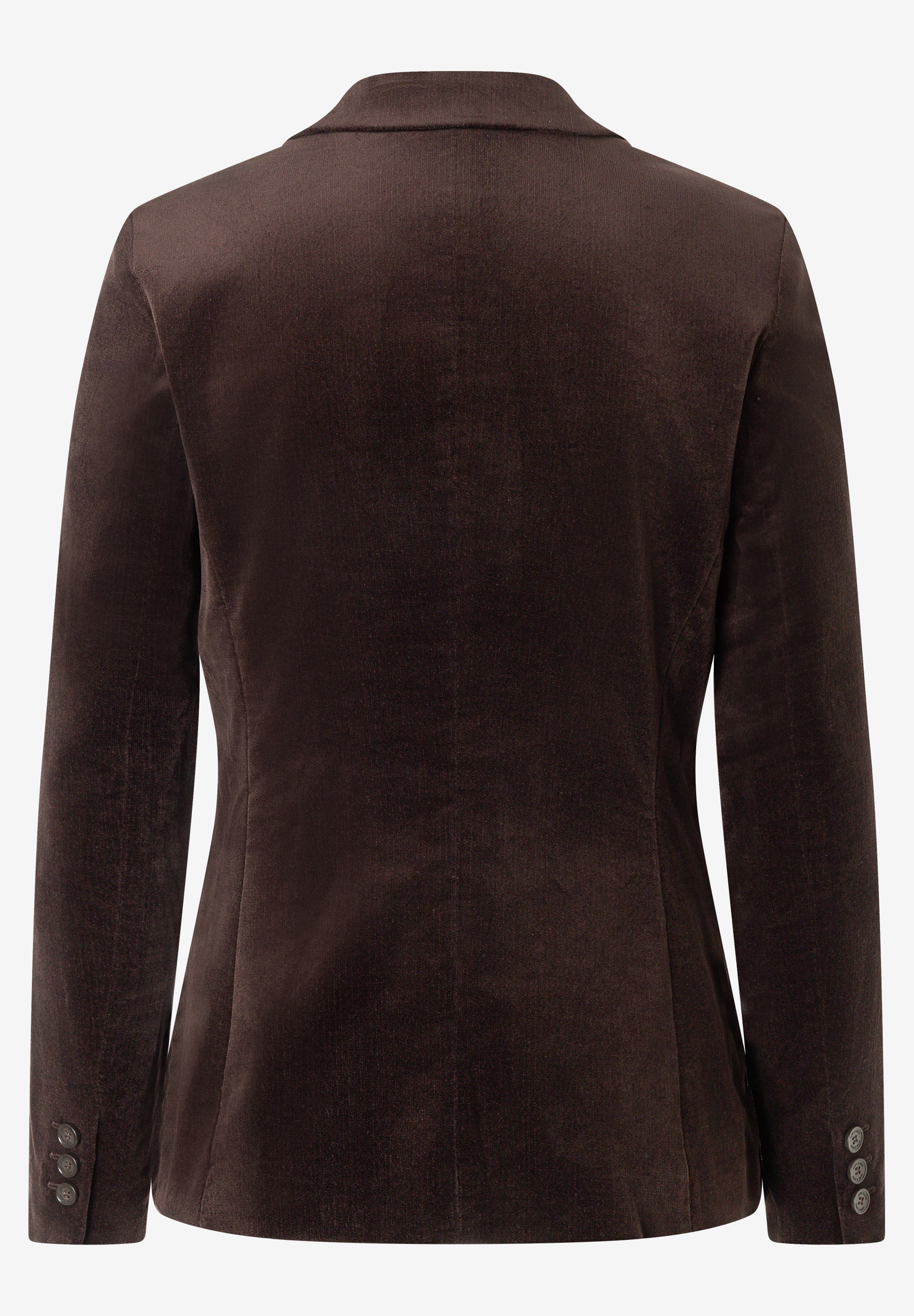 MORE & MORE Cord-Blazer in Dunkelbraun mit drei Zierknöpfen am Ärmelabschluss, Rückseite. MORE & MORE Cord-Blazer in Dunkelbraun mit drei Zierknöpfen am Ärmelabschluss, Rückseite.