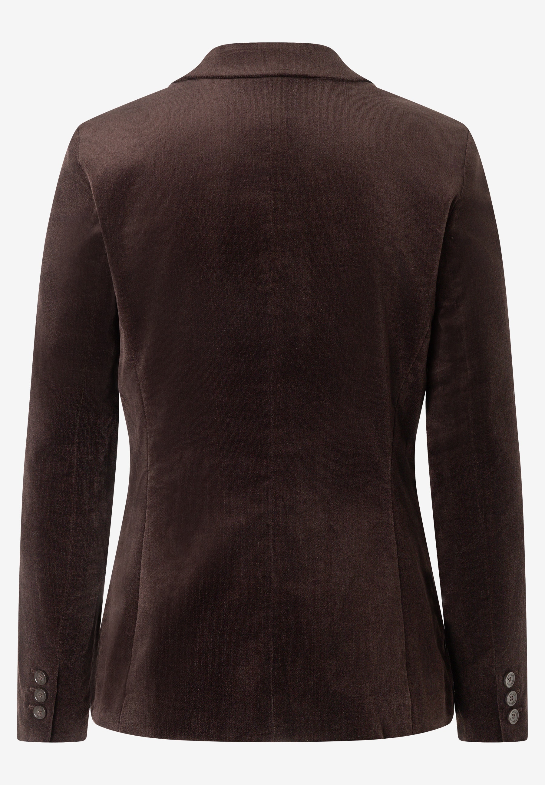 MORE & MORE Cord-Blazer in Dunkelbraun mit drei Zierknöpfen am Ärmelabschluss, Rückseite. MORE & MORE Cord-Blazer in Dunkelbraun mit drei Zierknöpfen am Ärmelabschluss, Rückseite.