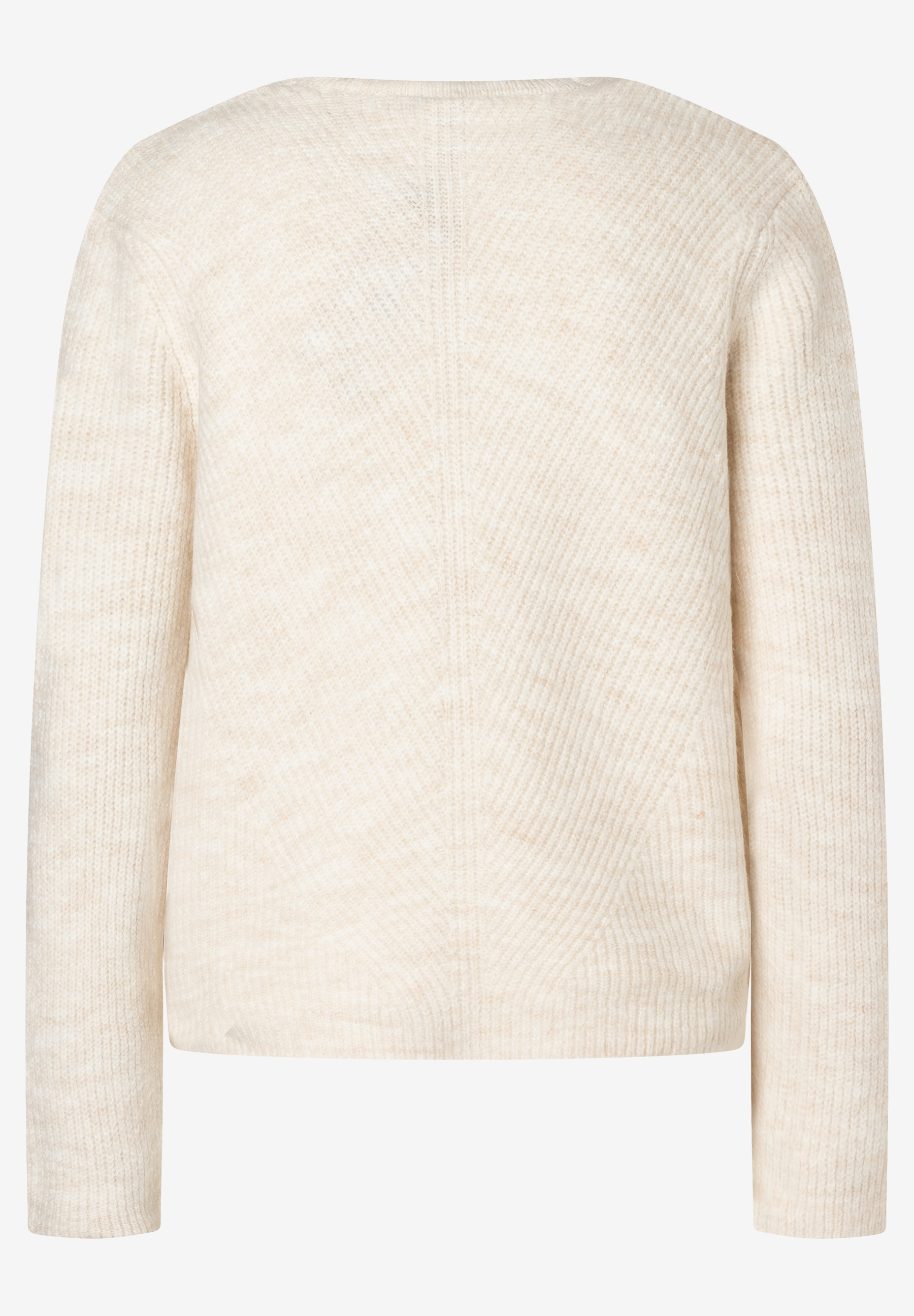 Ein beiger Rippstrick-Pullover von MORE & MORE, der weich und angenehm zu tragen ist. Nahaufnahme der Rückseite. Ein beiger Rippstrick-Pullover von MORE & MORE, der weich und angenehm zu tragen ist. Nahaufnahme der Rückseite.