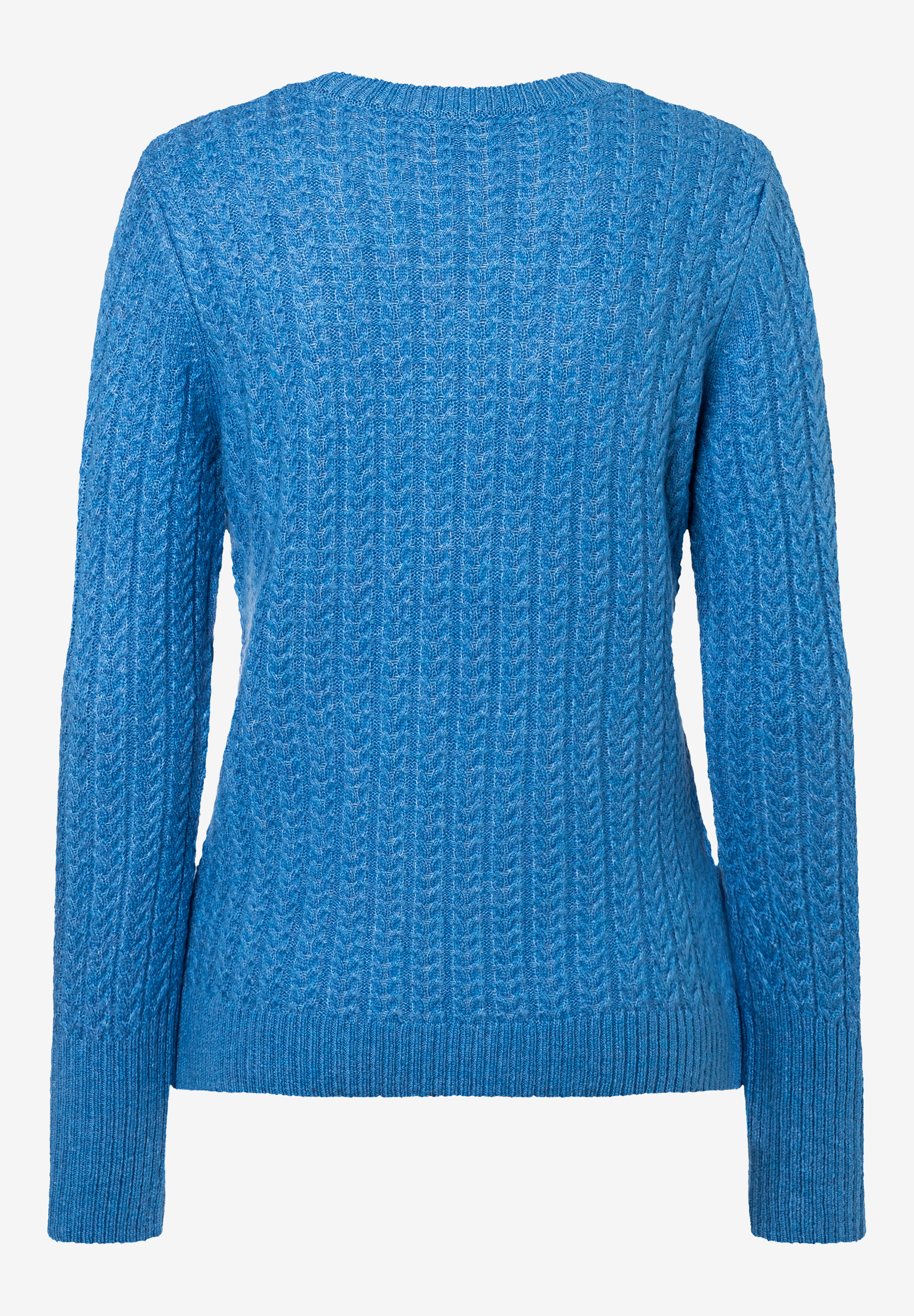 Rückansicht eines blauen MORE & MORE Strickpullovers mit langem Ärmel und feinem Strickmuster. Rückansicht eines blauen MORE & MORE Strickpullovers mit langem Ärmel und feinem Strickmuster.