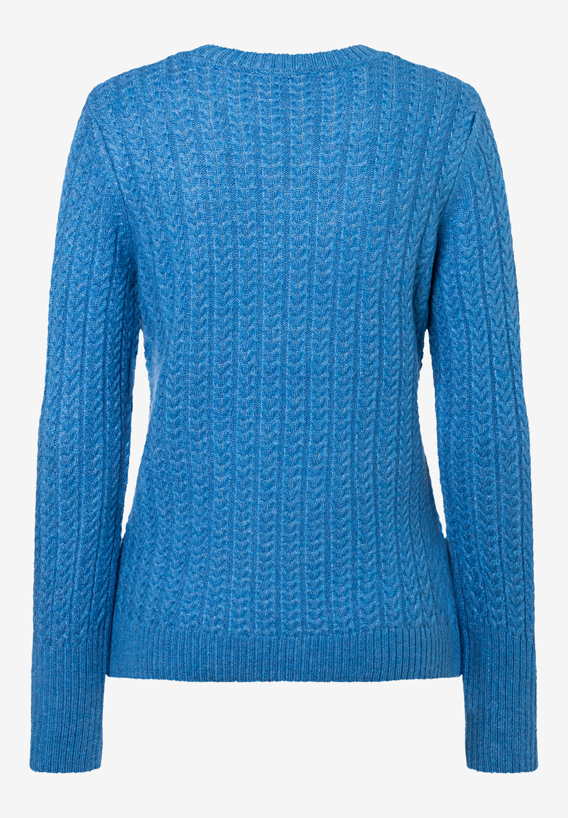 Rückansicht eines blauen MORE & MORE Strickpullovers mit langem Ärmel und feinem Strickmuster. Rückansicht eines blauen MORE & MORE Strickpullovers mit langem Ärmel und feinem Strickmuster.
