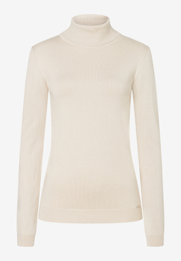 MORE & MORE Feinstrick-Rollkragenpullover in hellem Beige, körperbetonter Schnitt, schmale Ärmel, gerippter Kragen und Bündchen.