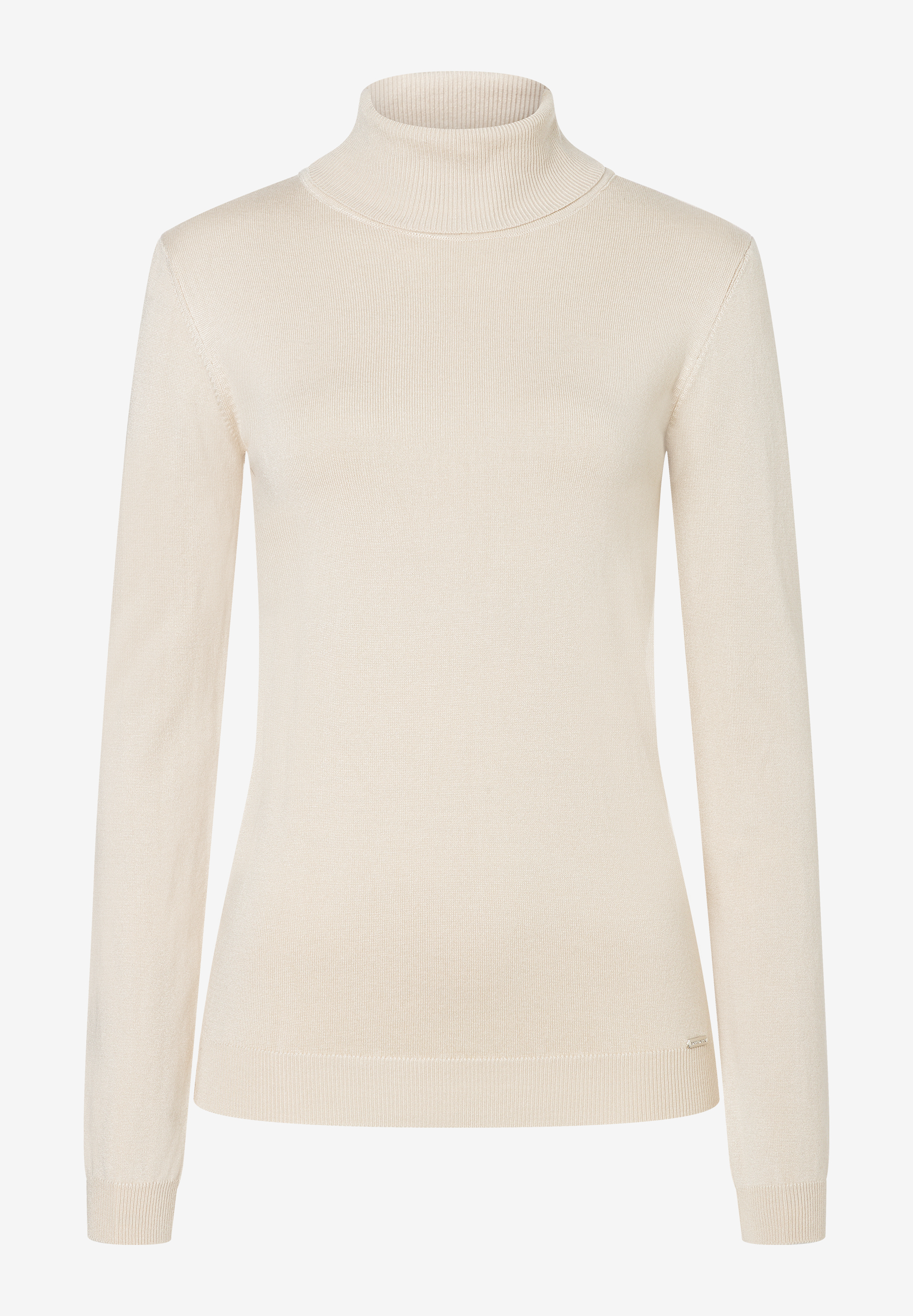 MORE & MORE Feinstrick-Rollkragenpullover in hellem Beige, körperbetonter Schnitt, schmale Ärmel, gerippter Kragen und Bündchen.