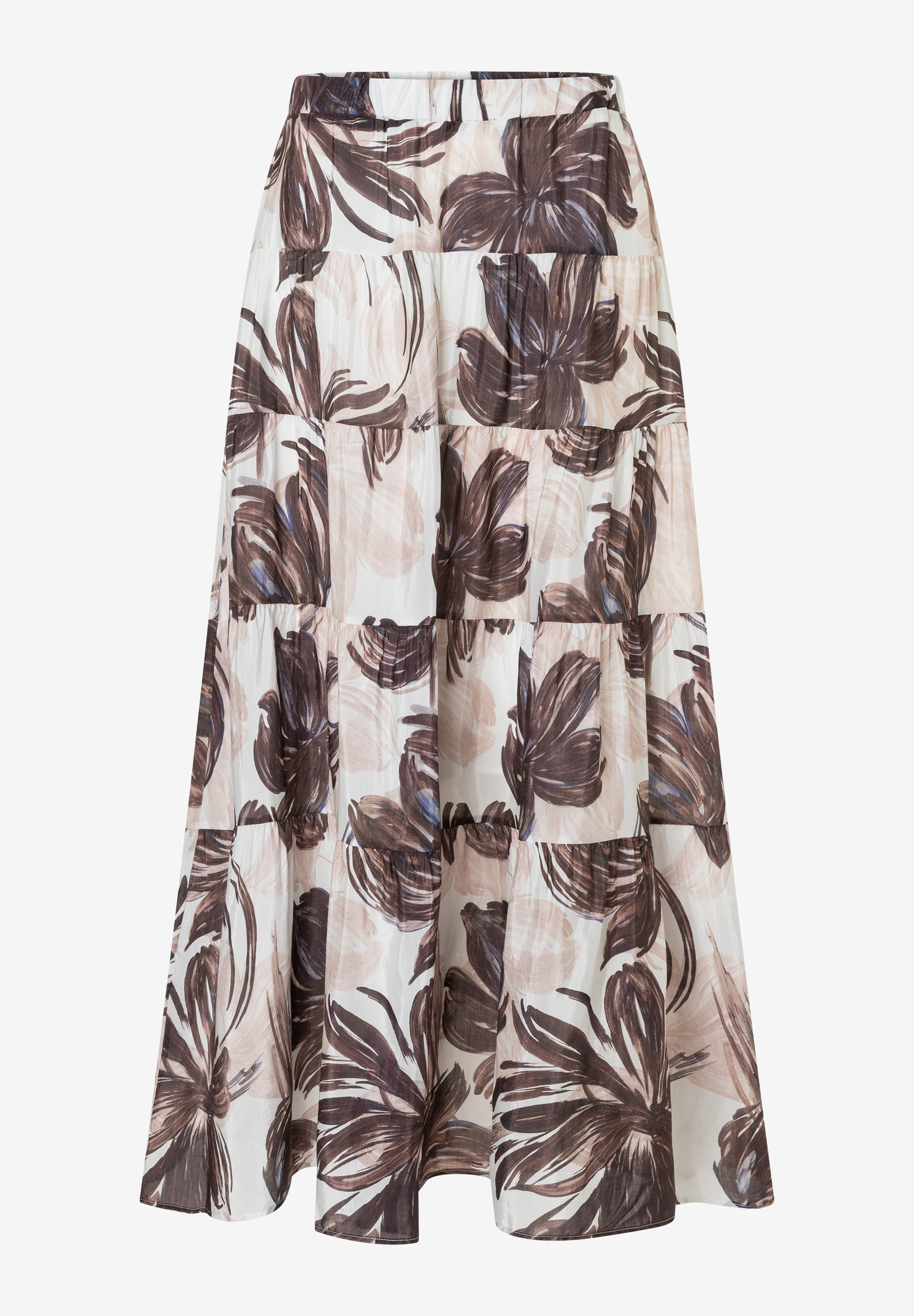 MORE & MORE Maxirock mit Blumenprint: Beige-weißer Stufenrock mit abstraktem braunem Blumenmuster. MORE & MORE Maxirock mit Blumenprint: Beige-weißer Stufenrock mit abstraktem braunem Blumenmuster.