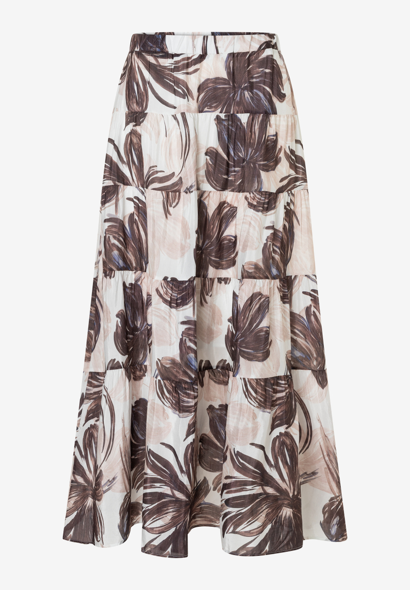 MORE & MORE Maxirock mit Blumenprint: Beige-weißer Stufenrock mit abstraktem braunem Blumenmuster. MORE & MORE Maxirock mit Blumenprint: Beige-weißer Stufenrock mit abstraktem braunem Blumenmuster.