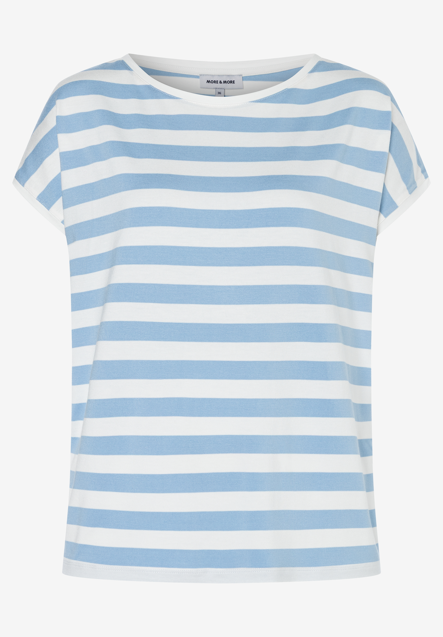 MORE & MORE gestreiftes Jersey-Shirt in Hellblau und Weiß. Komfortables Oberteil mit U-Boot-Ausschnitt, kurzen Ärmeln. MORE & MORE gestreiftes Jersey-Shirt in Hellblau und Weiß. Komfortables Oberteil mit U-Boot-Ausschnitt, kurzen Ärmeln.