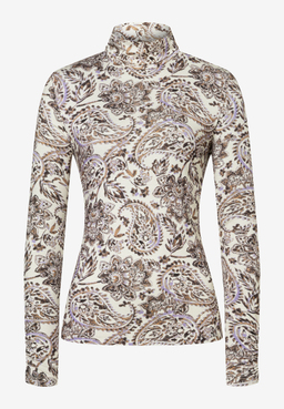 MORE & MORE Langarm-Shirt mit beigem Rollkragen und Paisley-Muster in Lila, Braun & Gold, tailliert geschnitten.