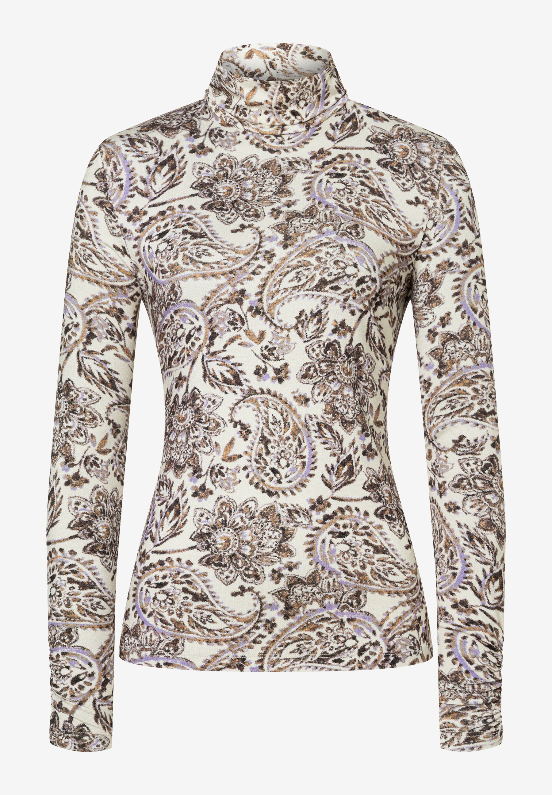 MORE & MORE Langarm-Shirt mit beigem Rollkragen und Paisley-Muster in Lila, Braun & Gold, tailliert geschnitten. MORE & MORE Langarm-Shirt mit beigem Rollkragen und Paisley-Muster in Lila, Braun & Gold, tailliert geschnitten.