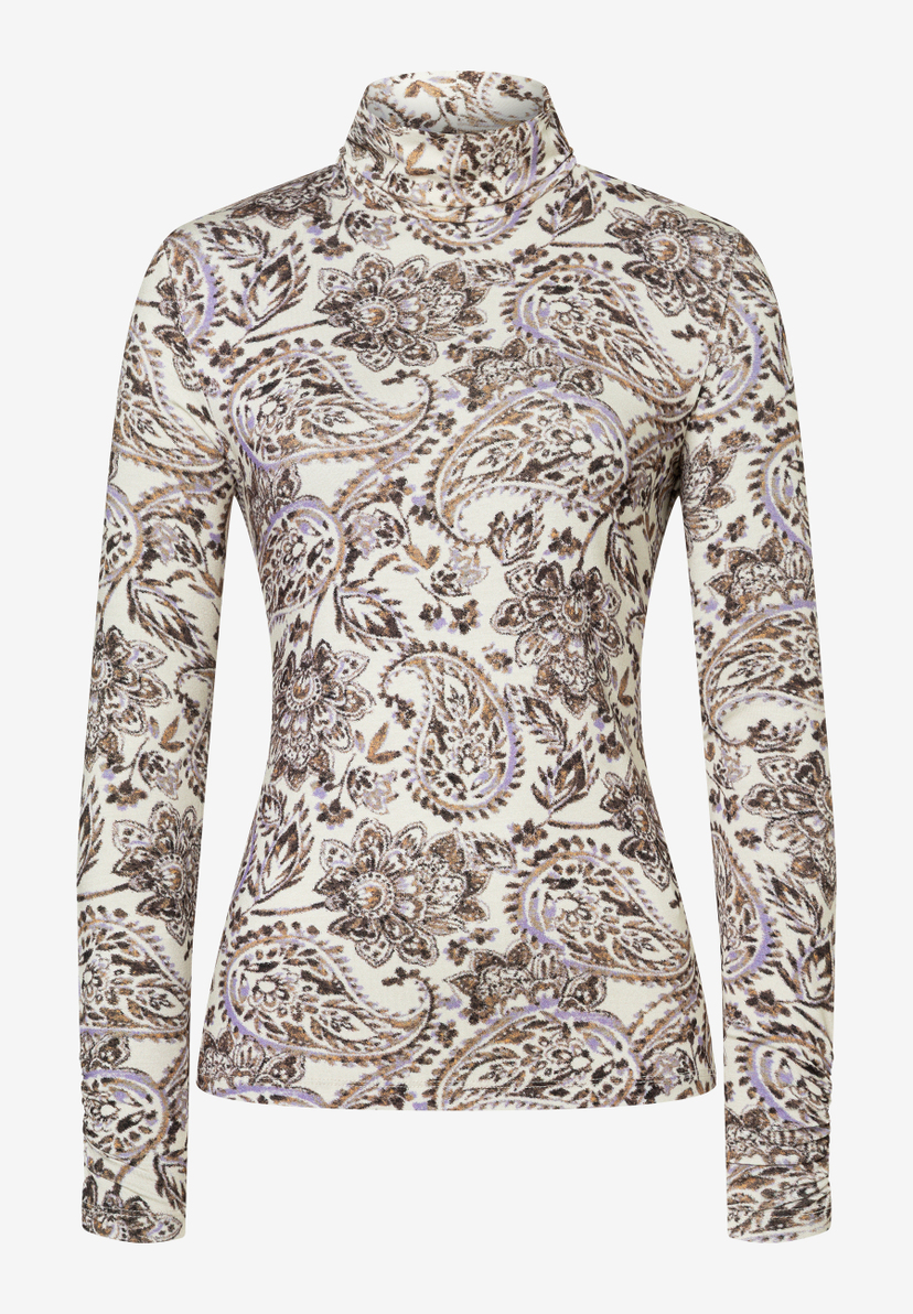 MORE & MORE Langarm-Shirt mit beigem Rollkragen und Paisley-Muster in Lila, Braun & Gold, tailliert geschnitten. MORE & MORE Langarm-Shirt mit beigem Rollkragen und Paisley-Muster in Lila, Braun & Gold, tailliert geschnitten.