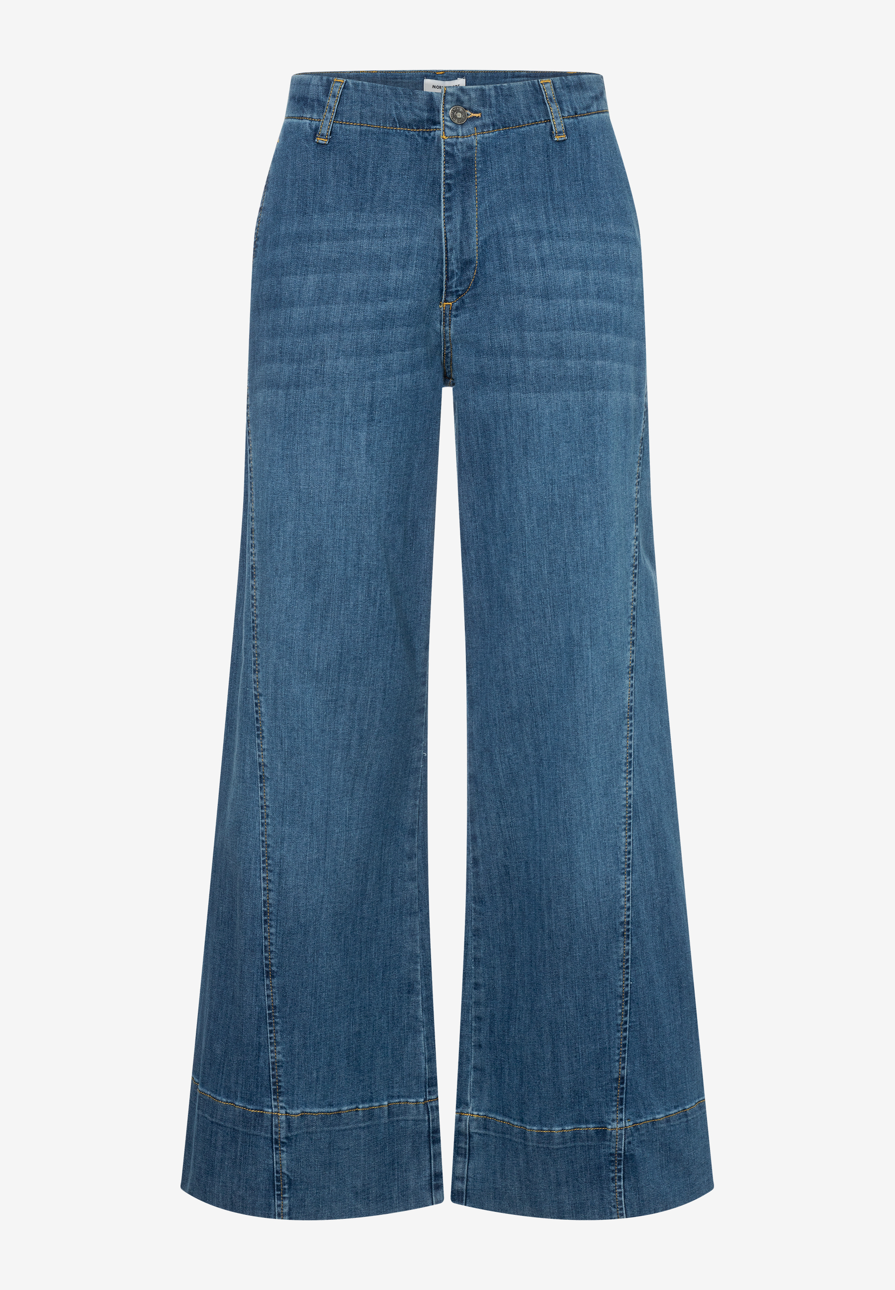 MORE & MORE Damen Jeanshose aus blauem Denim mit weitem Bein und gelben Nähten, vorn mit Knopf und Reißverschluss.