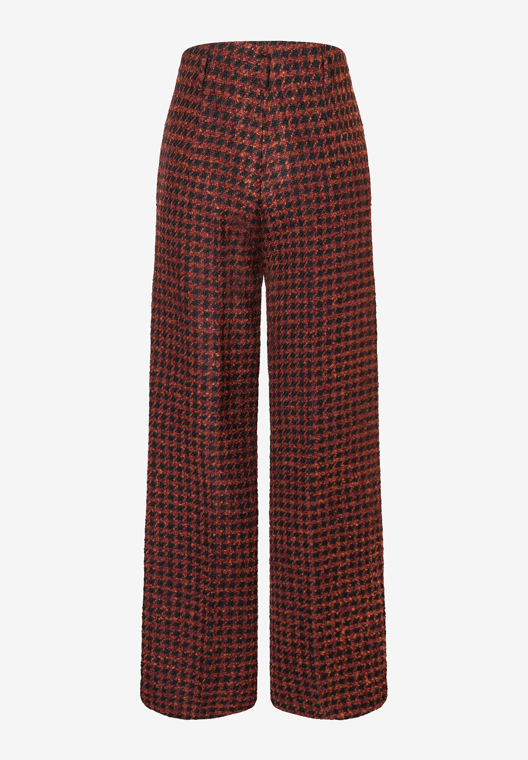 Eine Hose aus Bouclé-Webware von MORE & MORE in Rostrot und Schwarz mit weitem Bein. Eine Hose aus Bouclé-Webware von MORE & MORE in Rostrot und Schwarz mit weitem Bein.